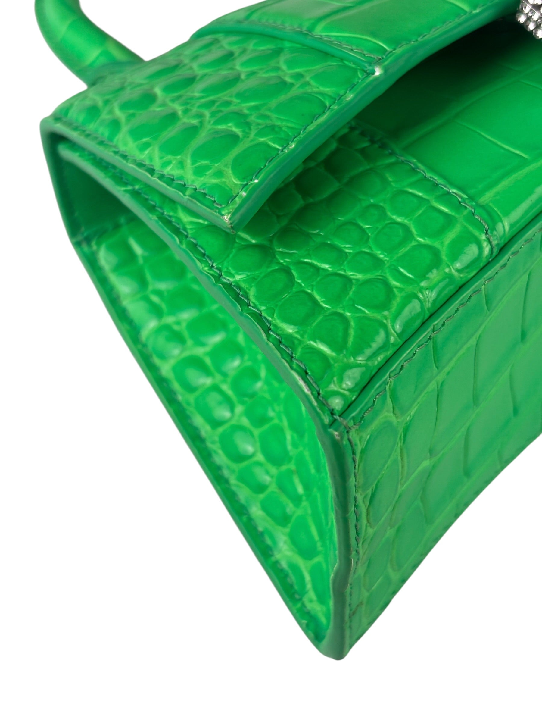 Balenciaga Fluo Green Crocodile Embossed Hourglass XS Two-Way Bag