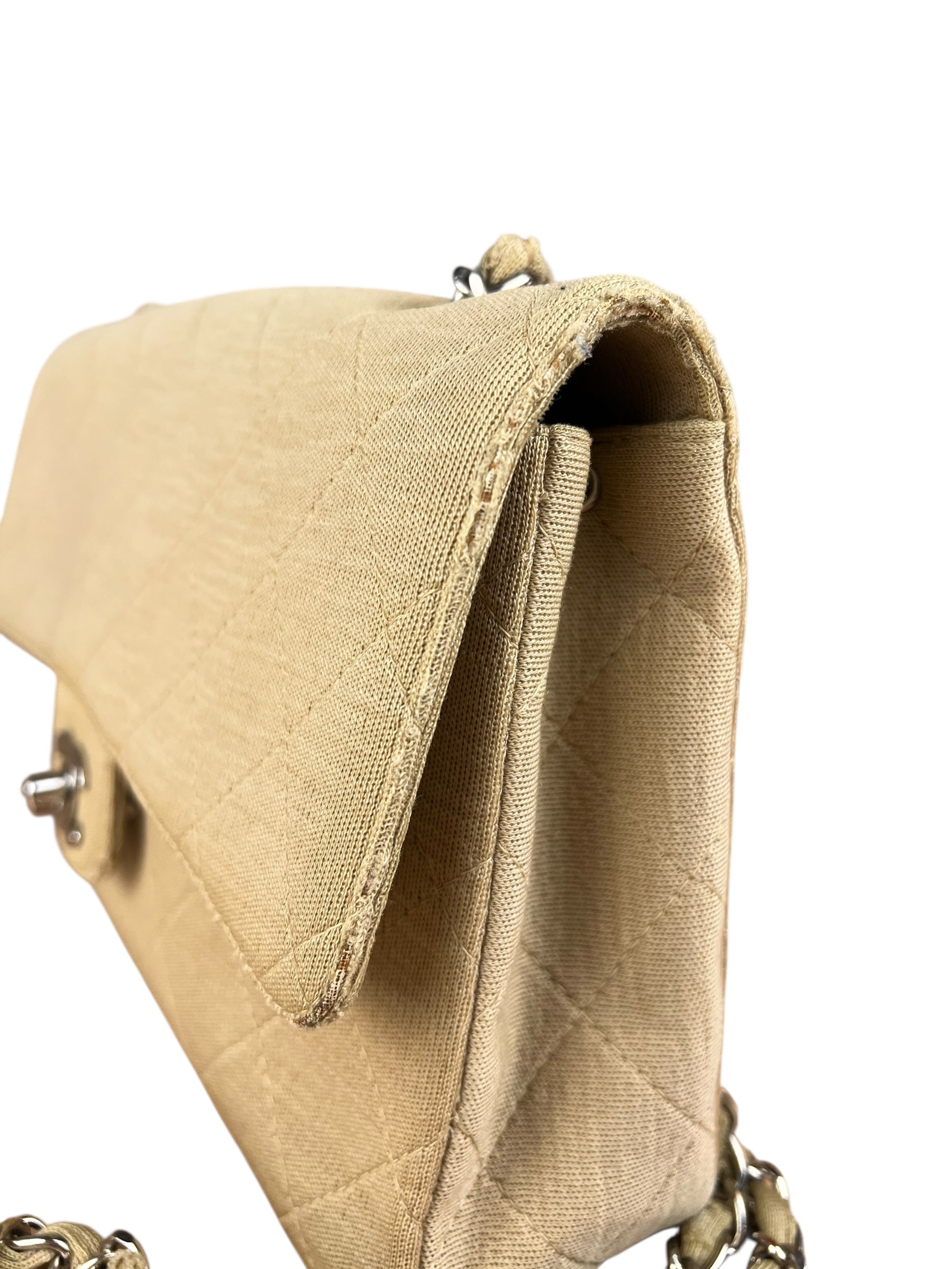 Chanel Vintage Beige Jersey Quilted Classic Flap Bag