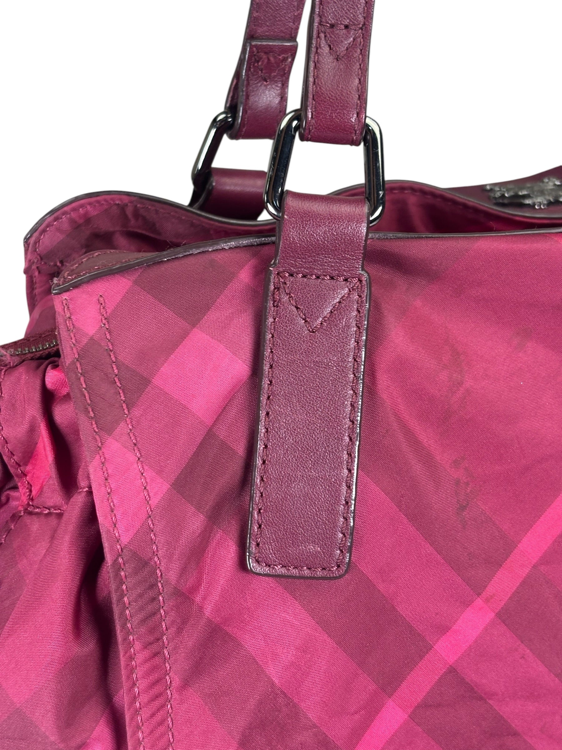 Burberry Plum Nylon/Leather Trim Nova Check Buckleigh Packable Tote