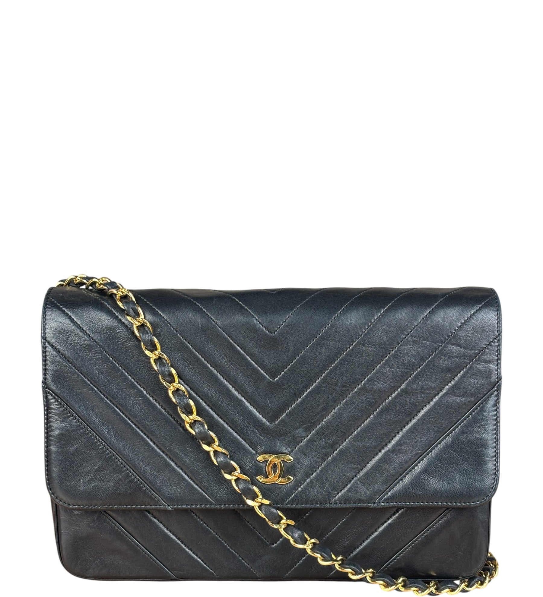 Chanel Vintage Black Chevron Flap Shoulder Bag- Late 1990's