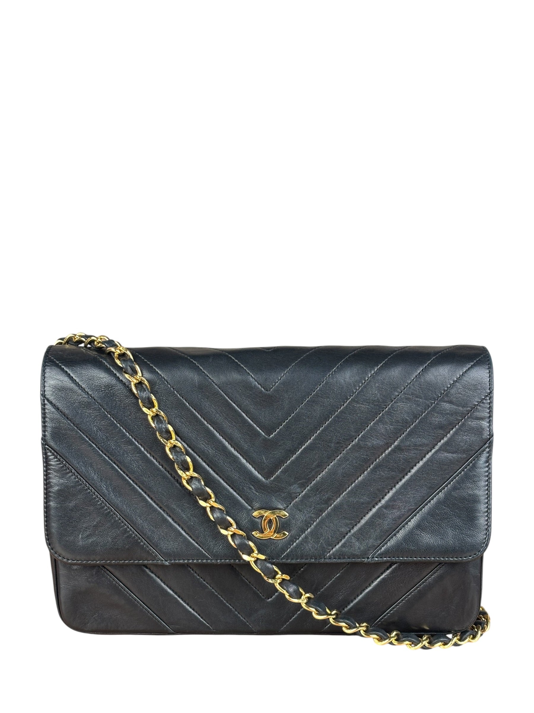 Chanel Vintage Black Chevron Flap Shoulder Bag- Late 1990's