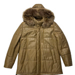 Balmain Beige Leather Puffer Fur Hooded Coat