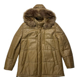 Balmain Beige Leather Puffer Fur Hooded Coat