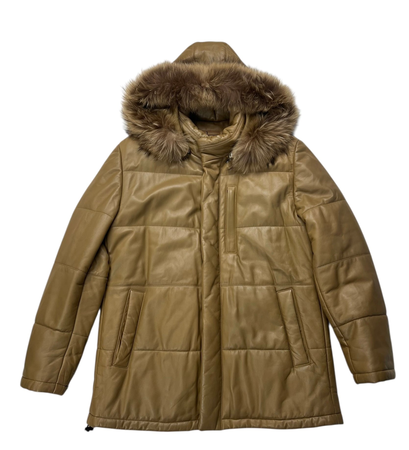 Balmain Beige Leather Puffer Fur Hooded Coat