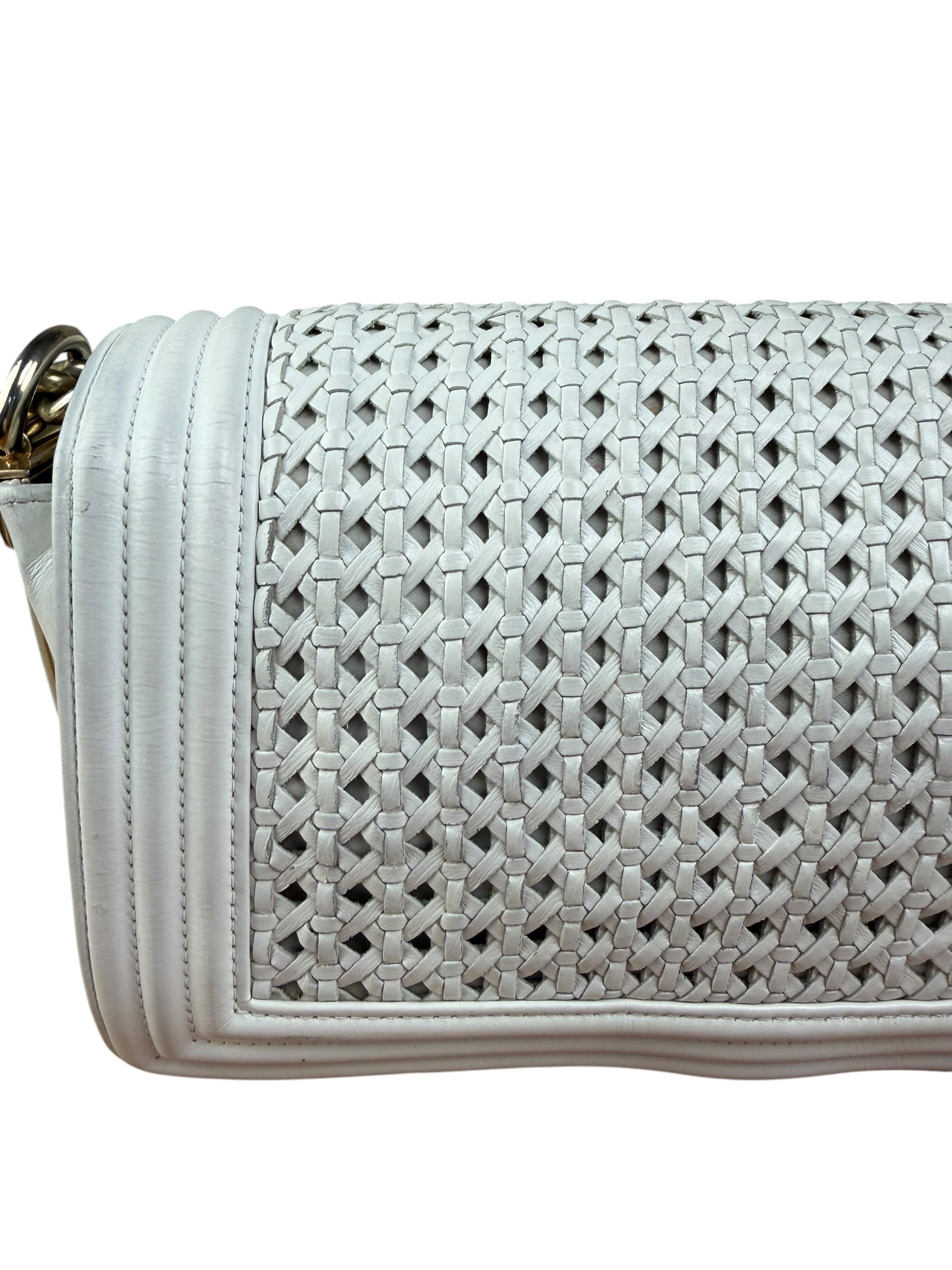 Chanel Vintage White Leather Braided Boy Shoulder Bag 1989