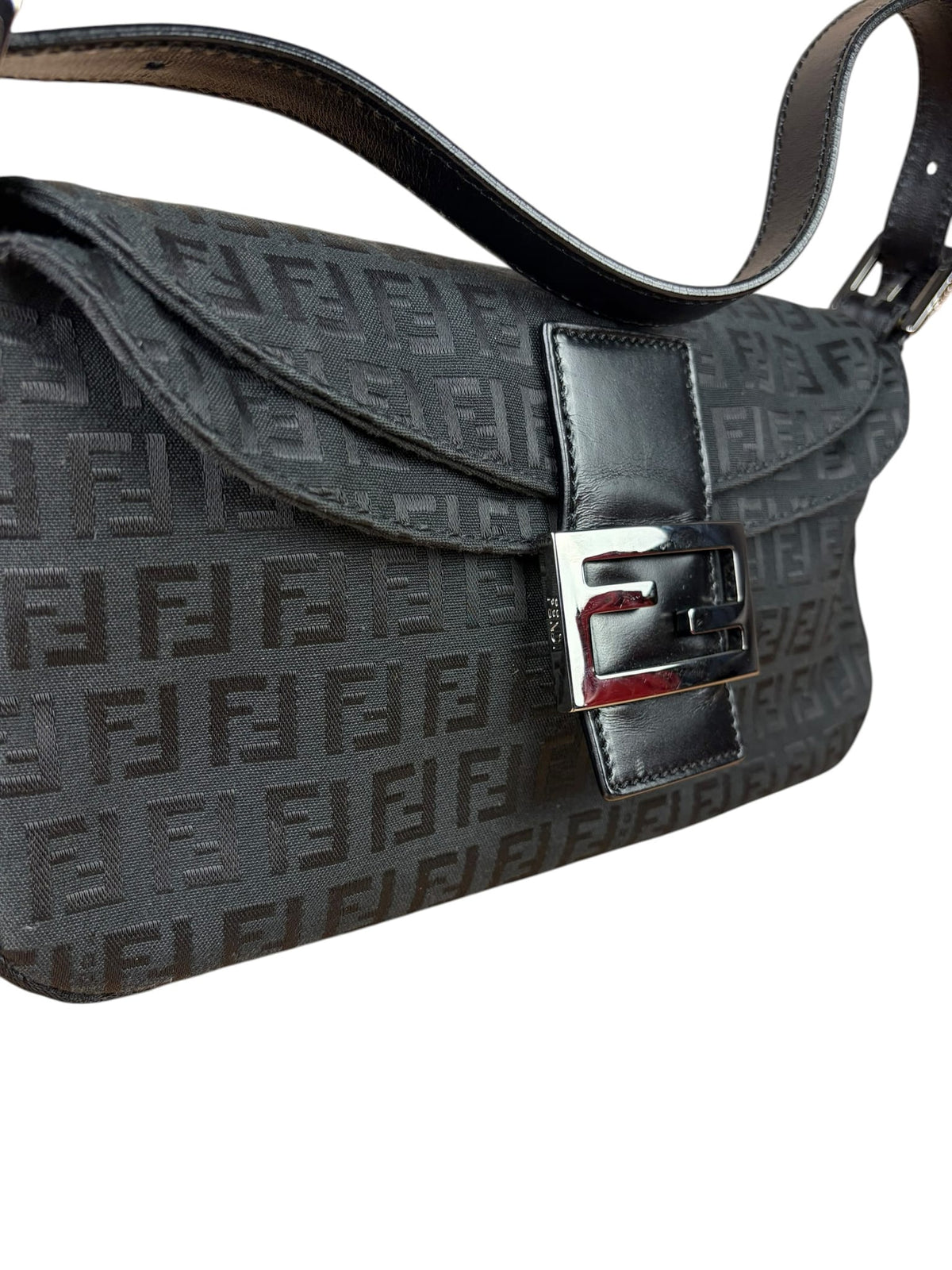 Fendi Black Leather Trim Zucca Baguette