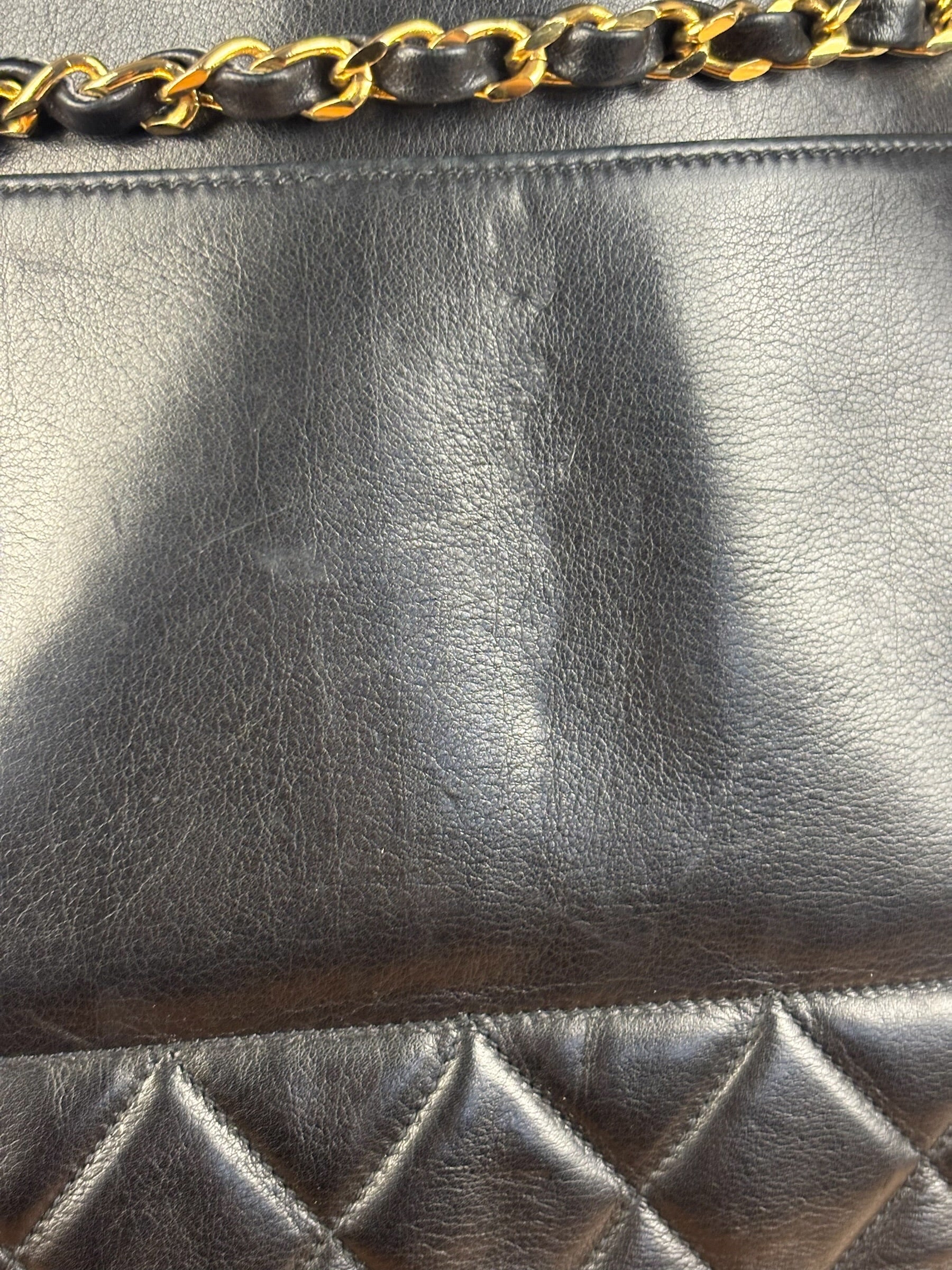 Chanel Vintage Black Leather Quilted Bottom Chain Tote Bag 1987
