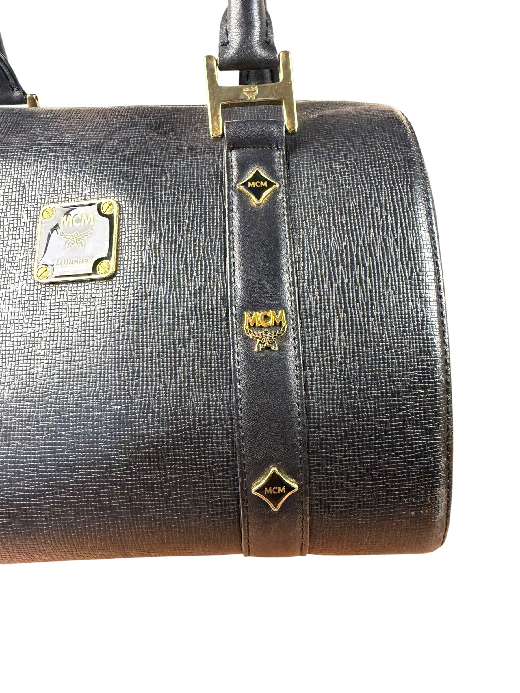 MCM Vintage Black Leather Boston Handbag