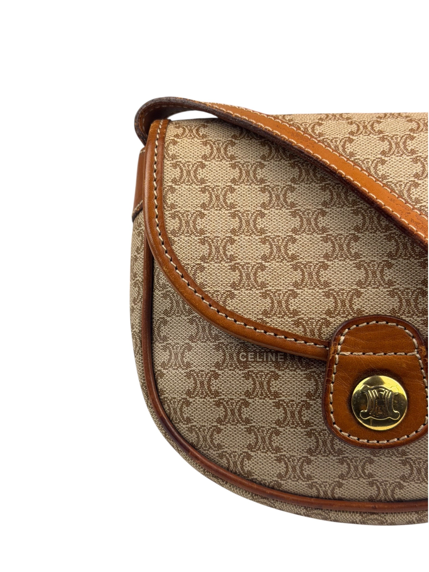 Celine Vintage Beige Leather Trim Macadam Mini Crossbody