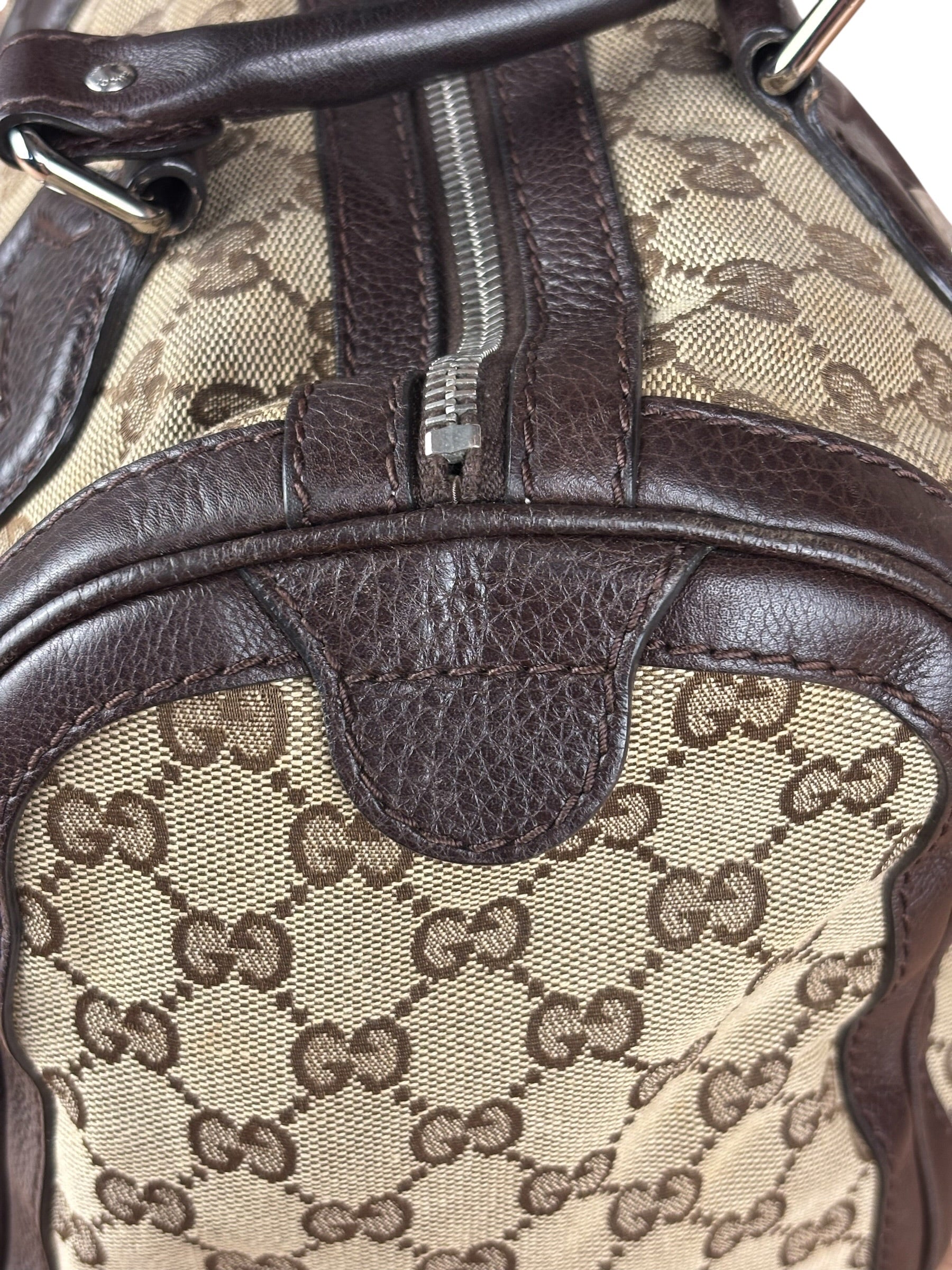 Gucci GG Leather Trim Canvas Techno Boston Handbag