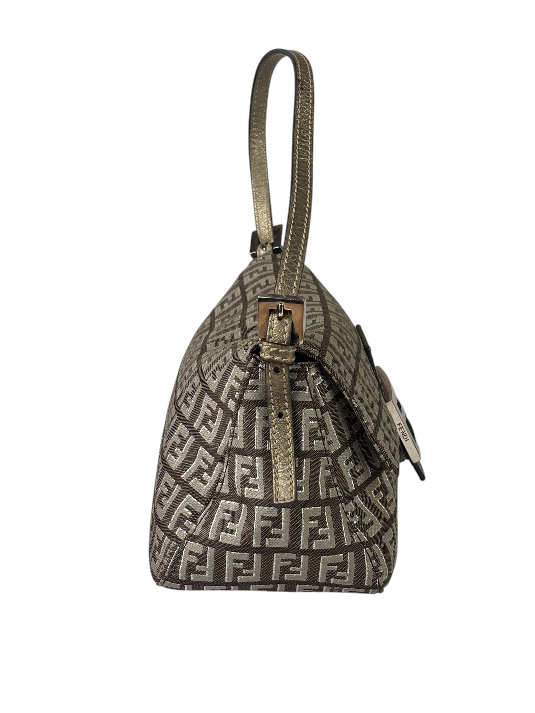 Fendi Brown/Metallic Gold Leather Trim Zucca Baguette