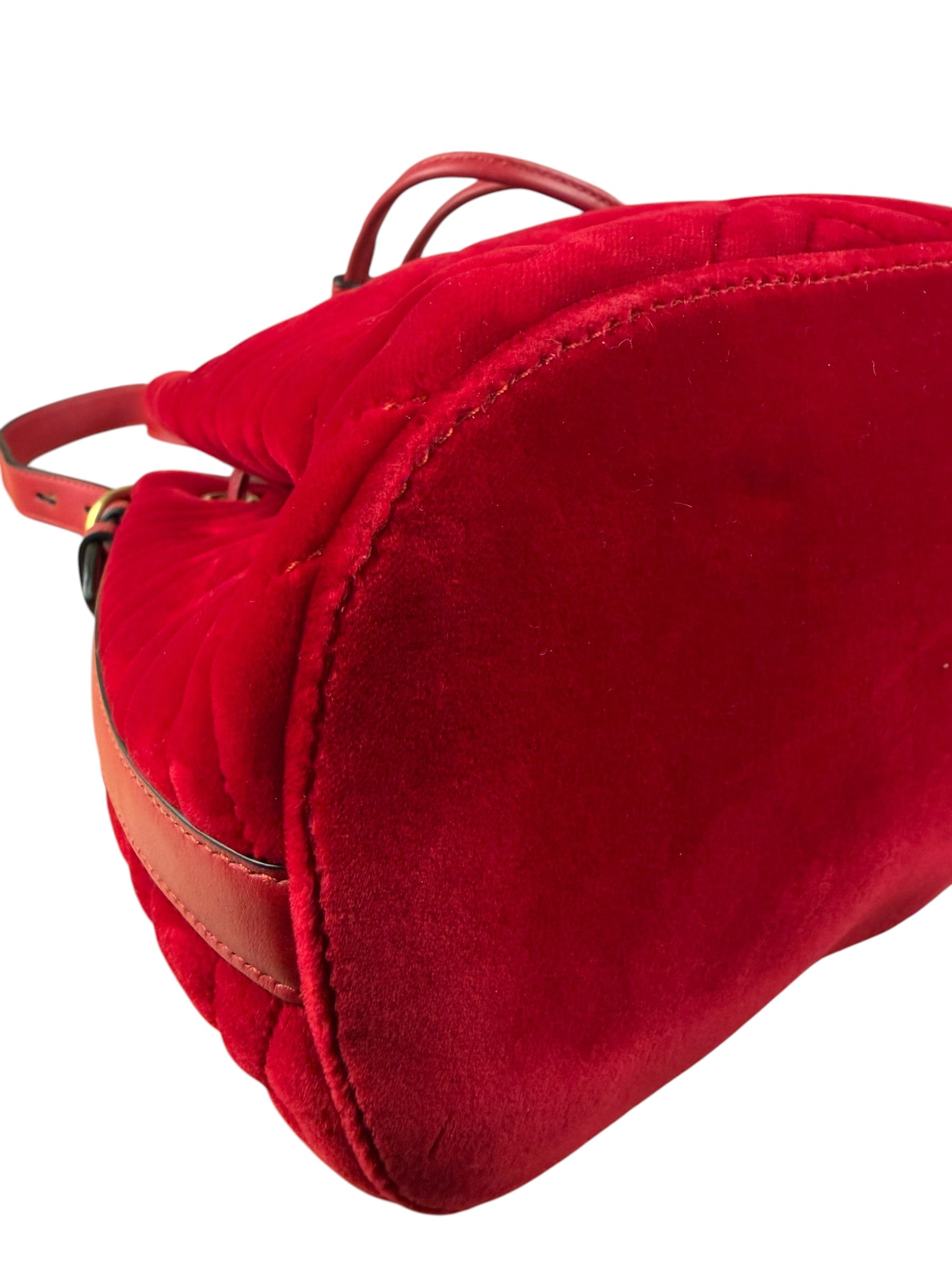 Gucci Red Velvet Leather Trim Marmont Matelasse Bucket Bag