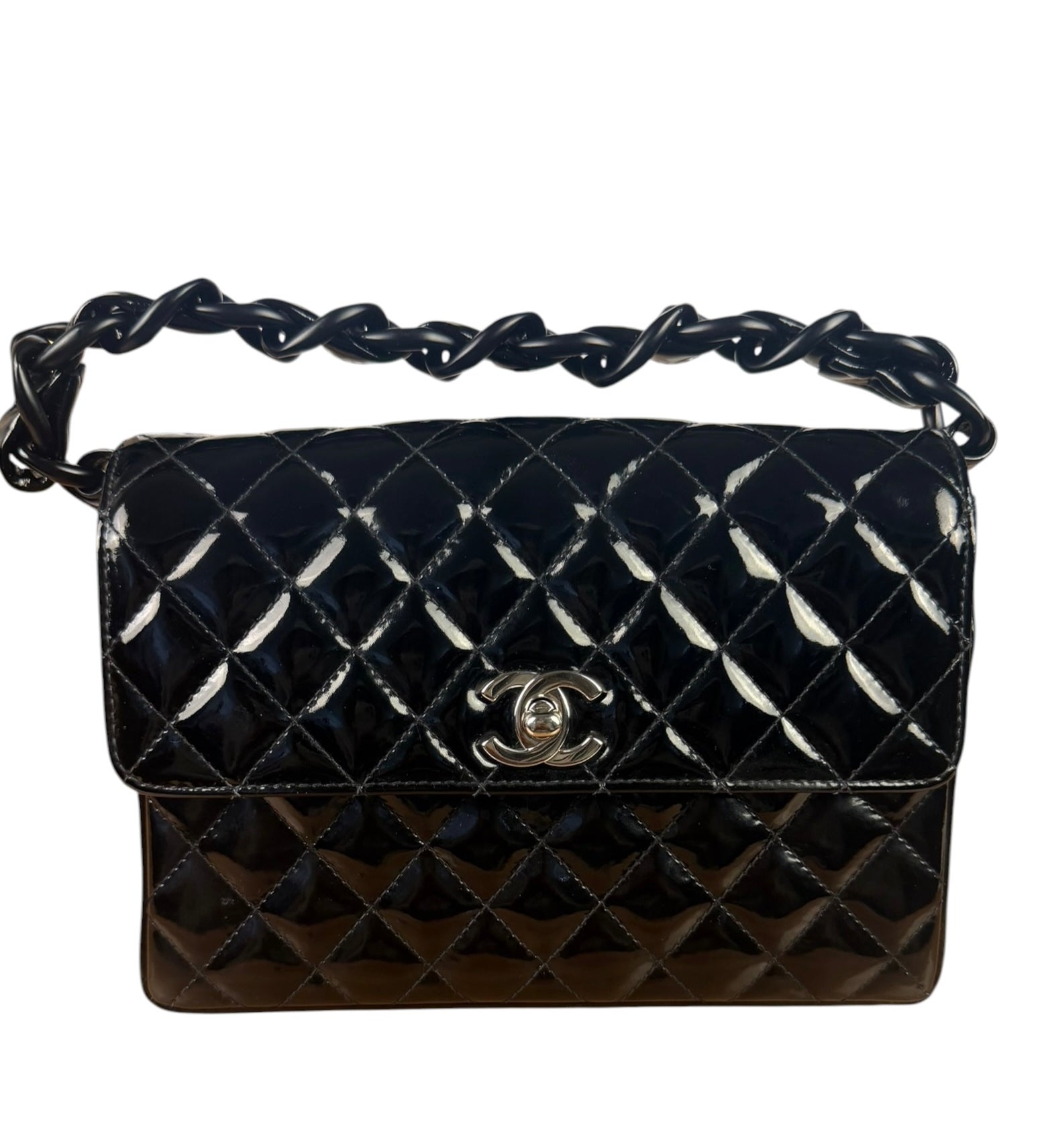Chanel Black Quilted Patent Leather Top Handle 1996