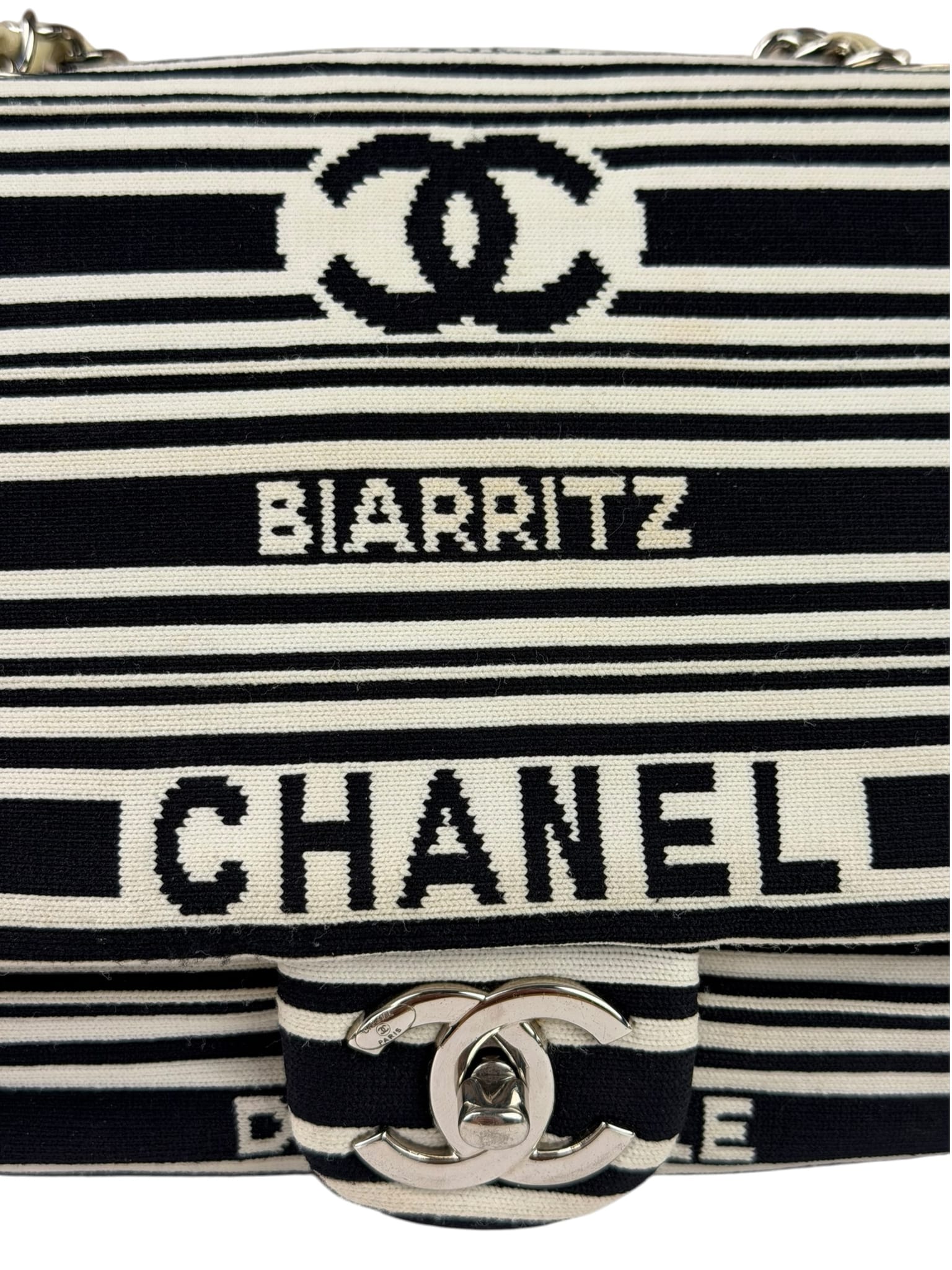 Chanel Black/White Leather Trim/Cloth Venise Biarritz Flap Bag 2019