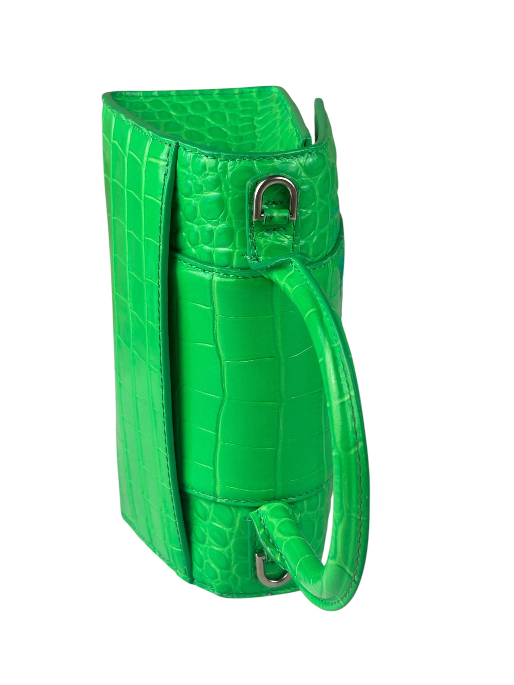 Balenciaga Fluo Green Crocodile Embossed Hourglass XS Two-Way Bag