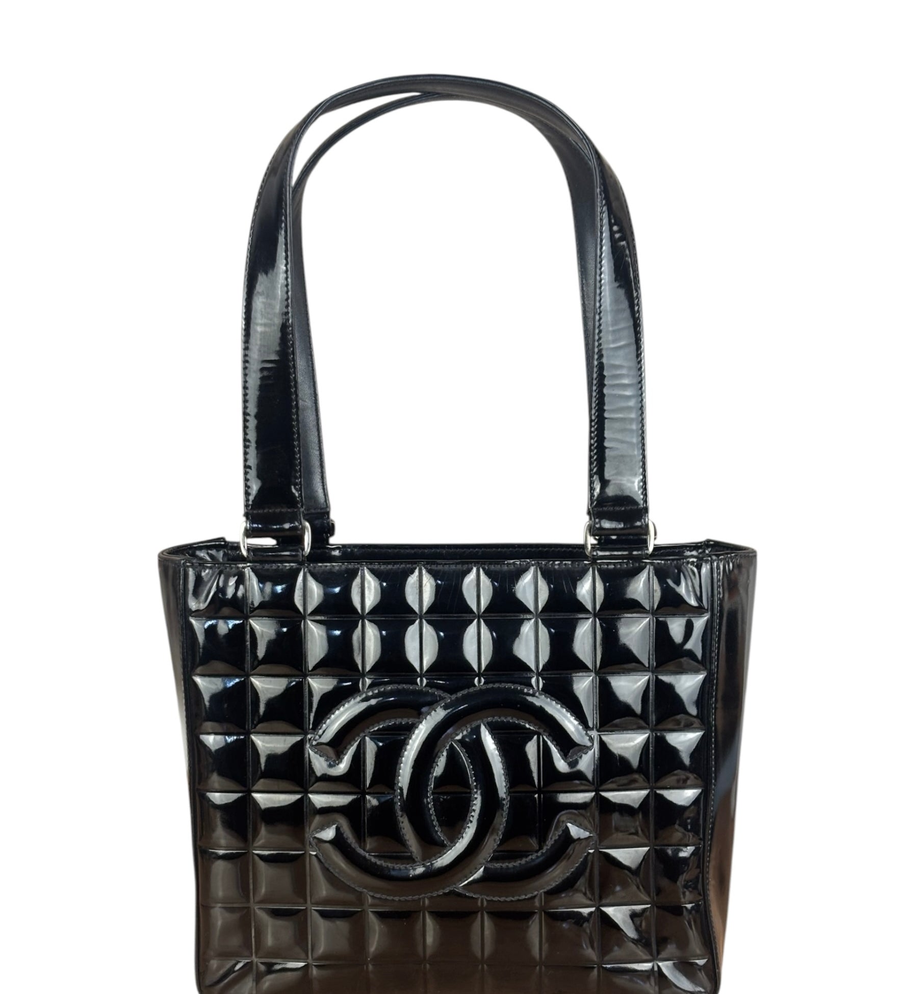 Chanel Vintage Black Patent Leather Chocolate Bar Tote Bag 2002