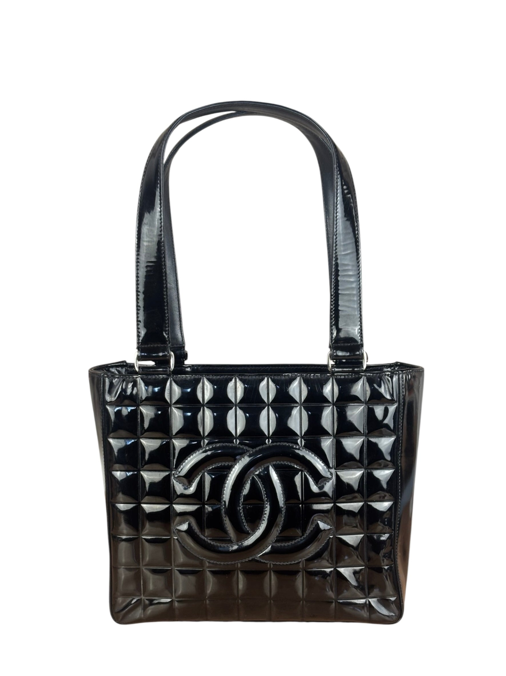 Chanel Vintage Black Patent Leather Chocolate Bar Tote Bag 2002