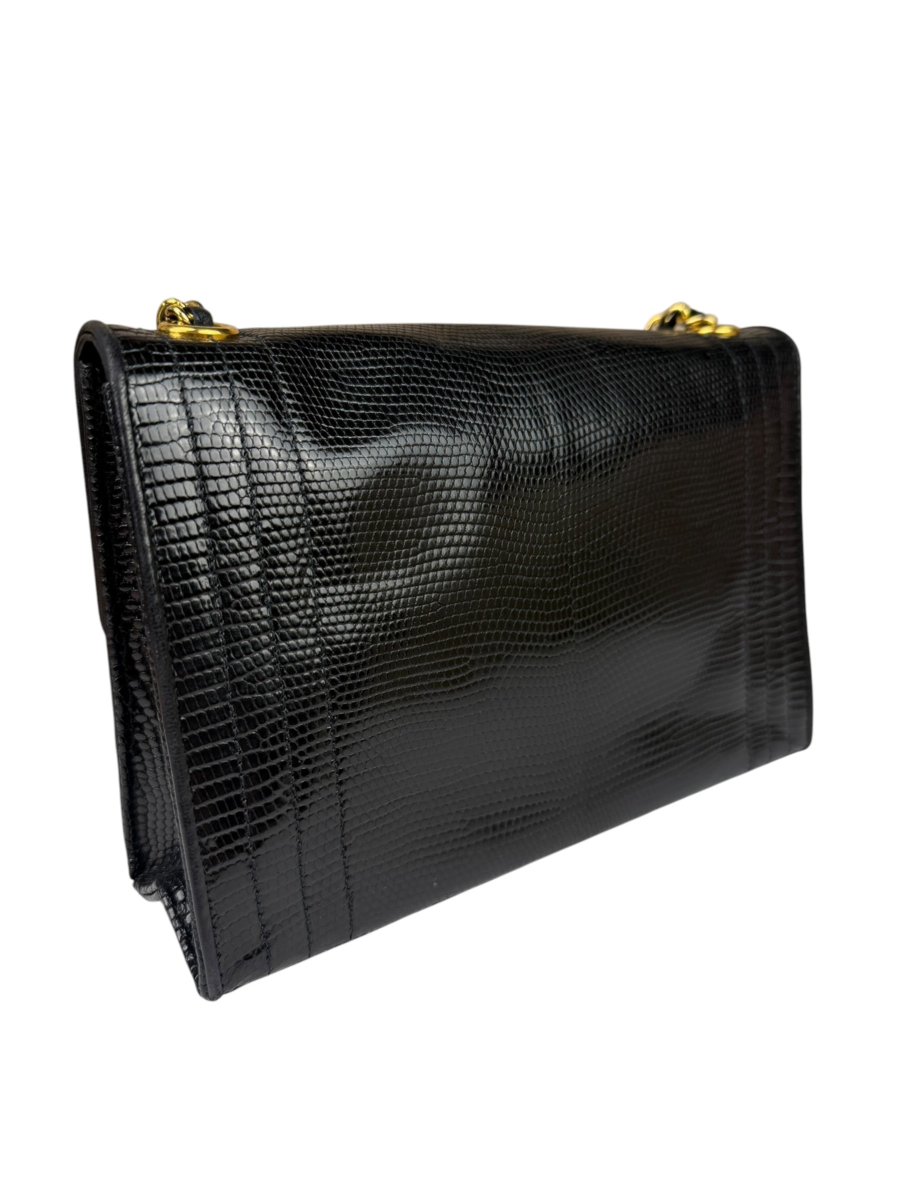 Chanel Black Lizard Leather Envelope Flap Bag 1986
