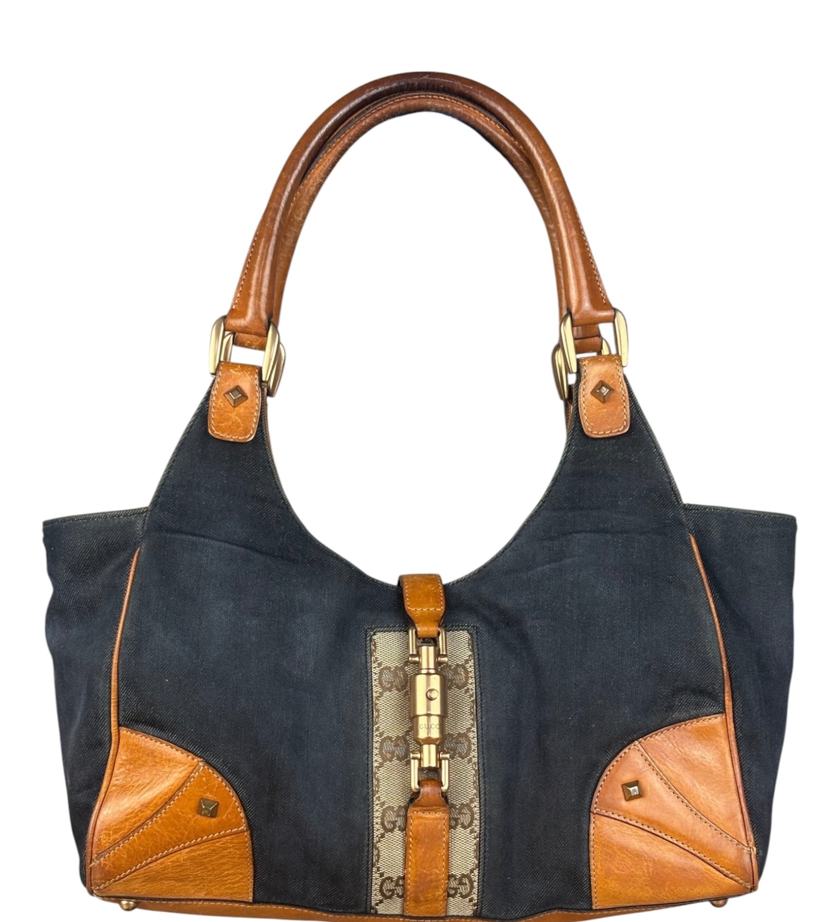 Gucci Vintage Denim Leather Trim Jackie Shoulder Bag