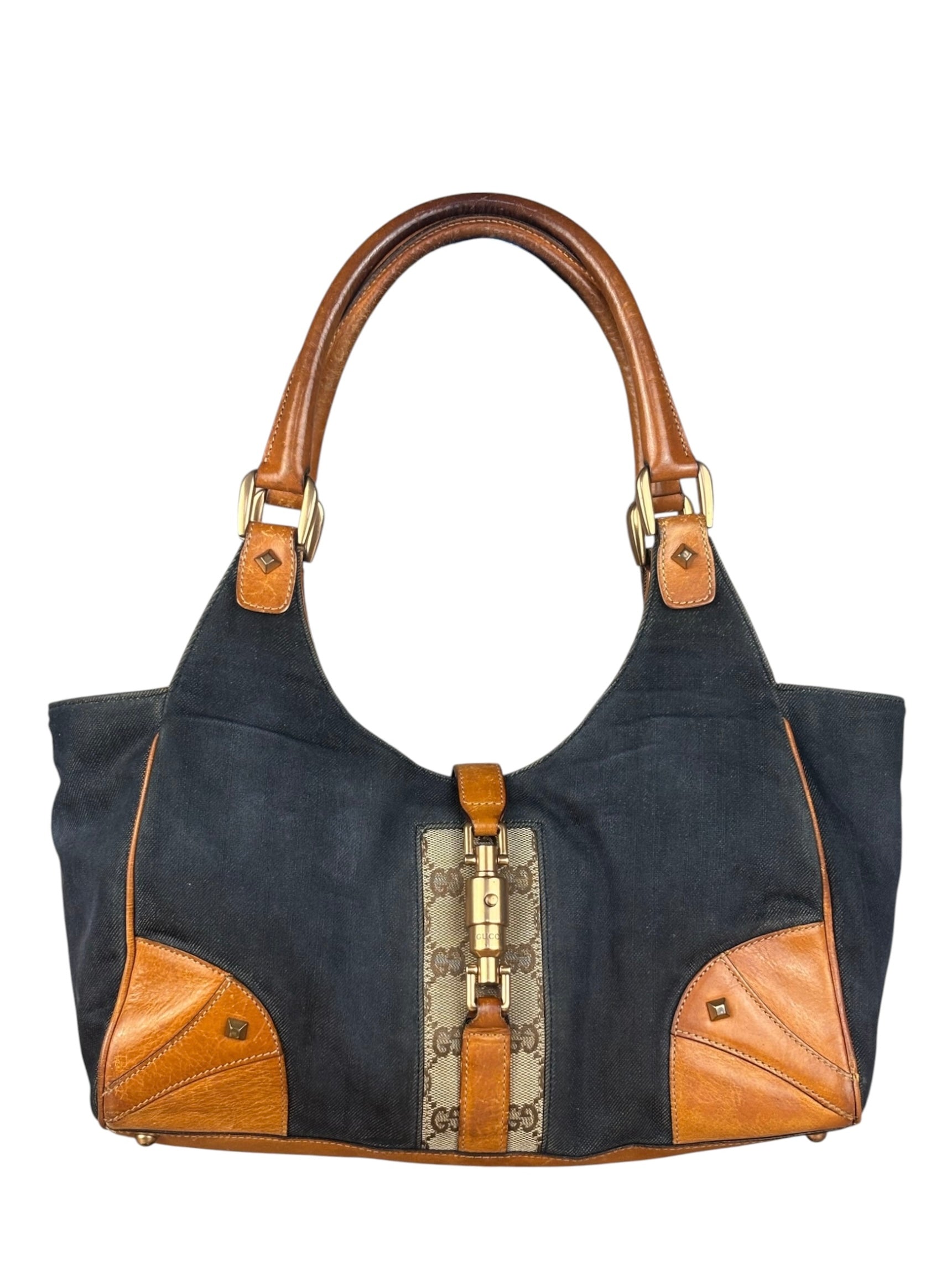 Gucci Vintage Denim Leather Trim Jackie Shoulder Bag