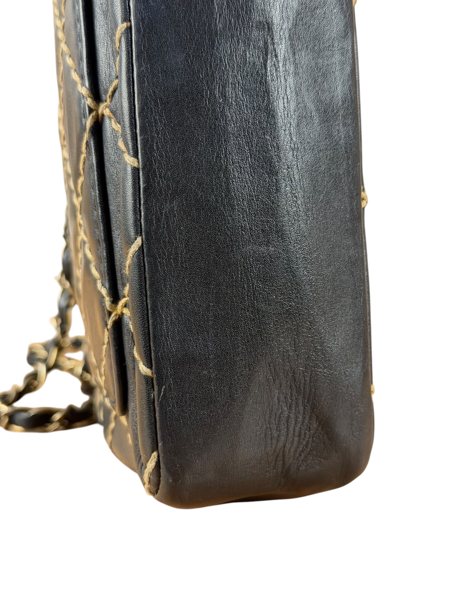 Chanel Vintage Navy Blue Leather Wild Stitch Surpique Flap Bag 2001