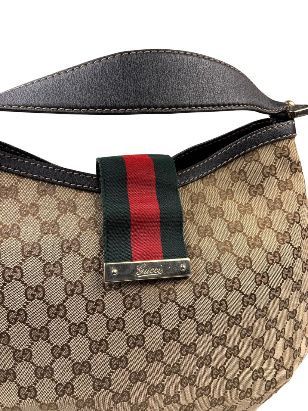 Gucci Beige/Brown Leather Trim Large Ladies Web Hobo Bag
