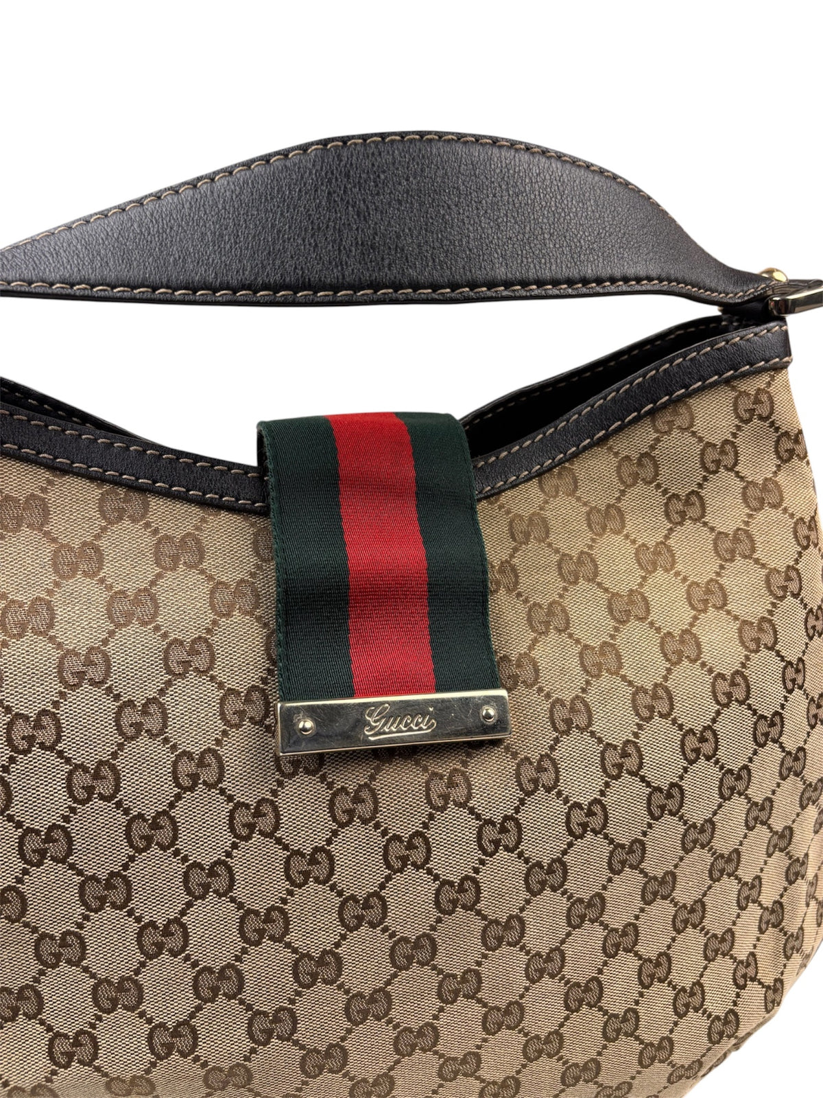 Gucci Beige/Brown Leather Trim Large Ladies Web Hobo Bag