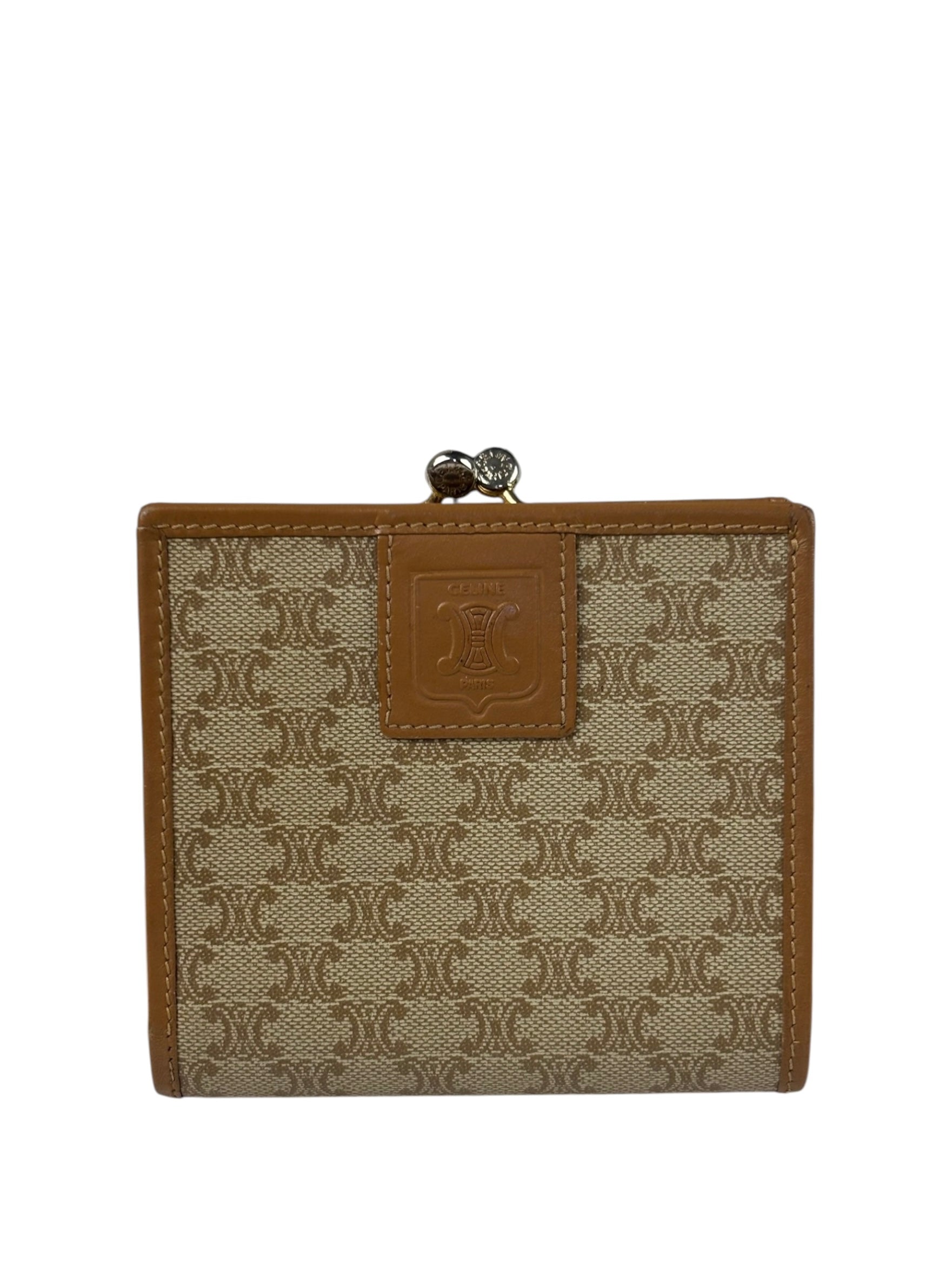 Celine Vintage Brown Leather Macadam Bi-Fold/Kiss-Lock Coin Wallet