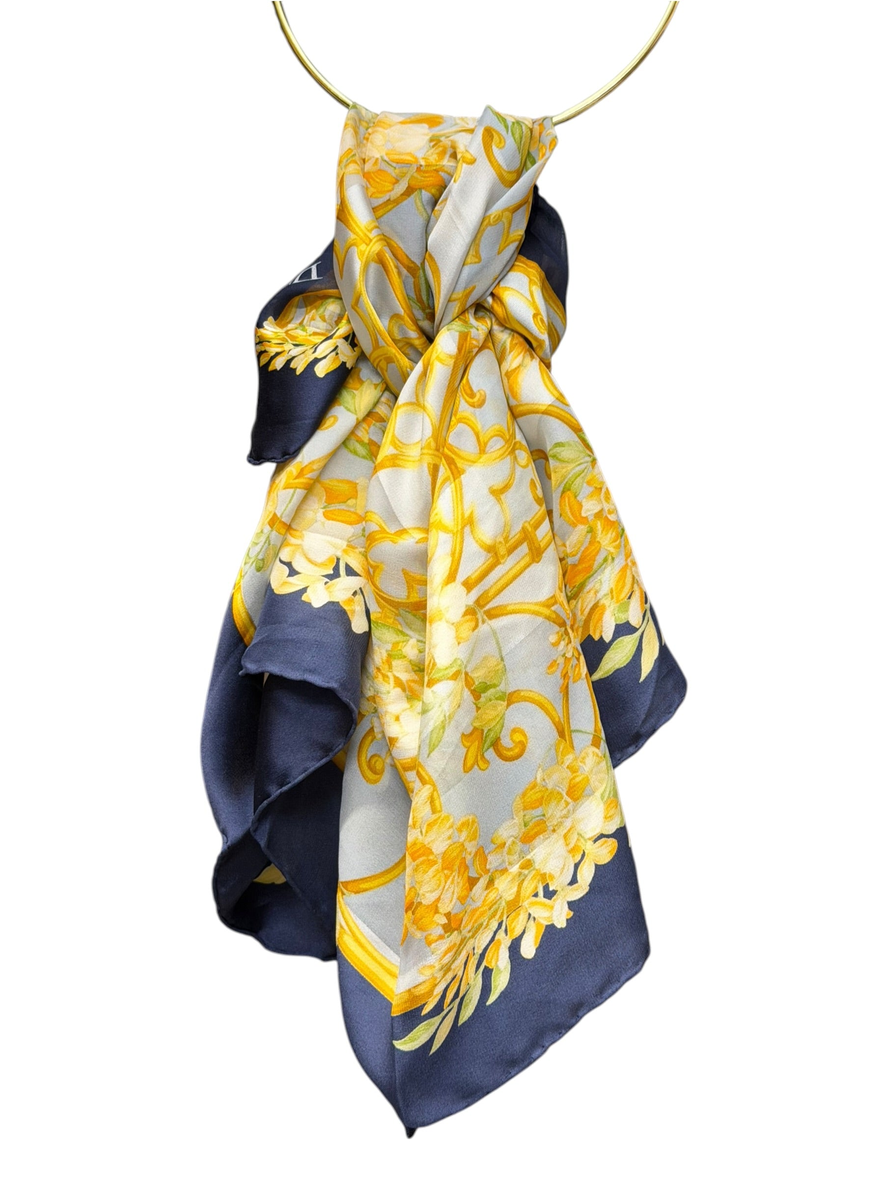 Christian Dior Dark Blue Borders Architectural Scroll Silk Scarf