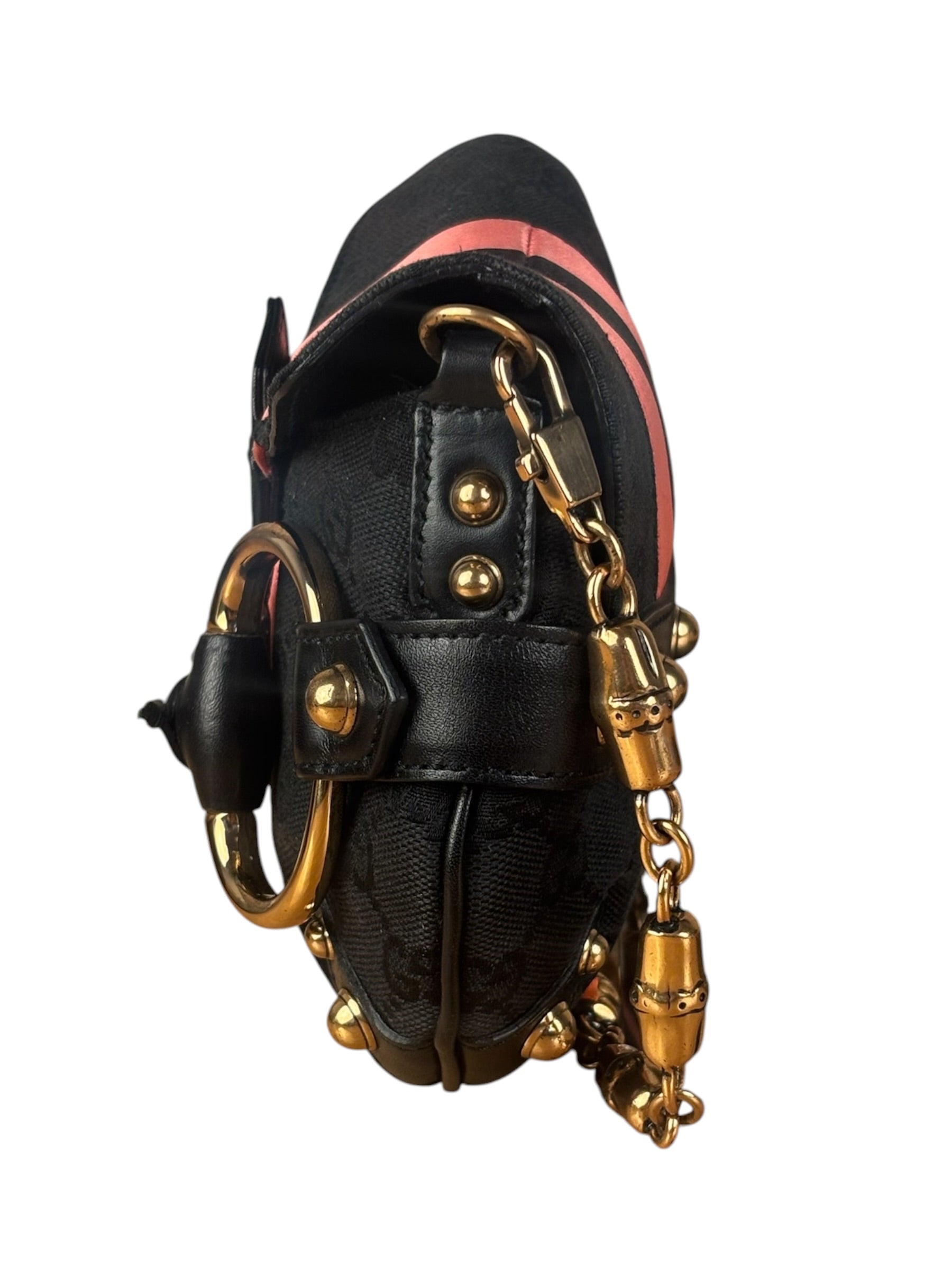 Gucci GG Black/Pink Canvas Horsebit Chain Shoulder Bag