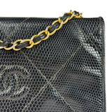 Chanel Vintage Black Lizard Leather Chain Flap Bag 1987