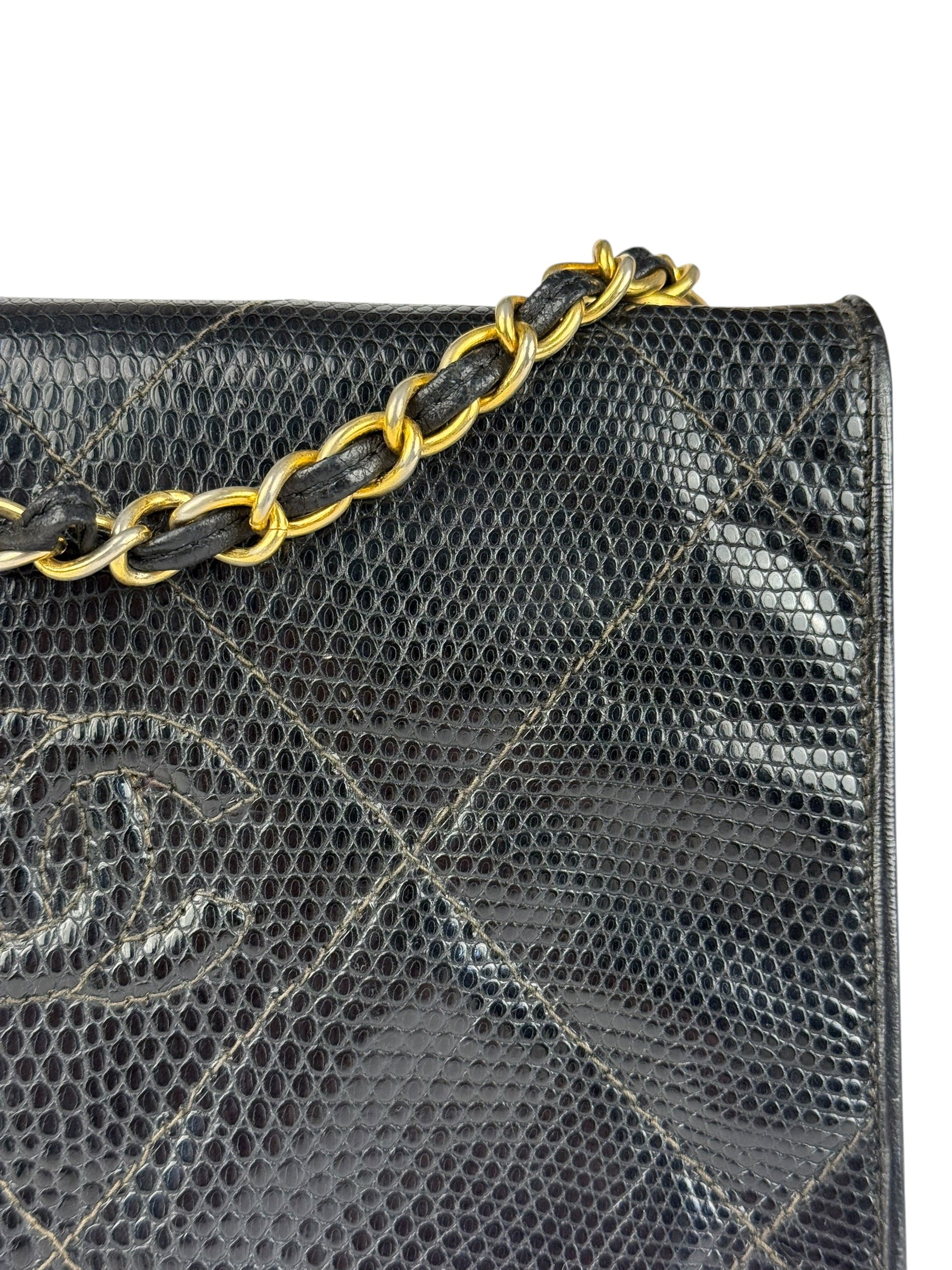 Chanel Vintage Black Lizard Leather Chain Flap Bag 1987