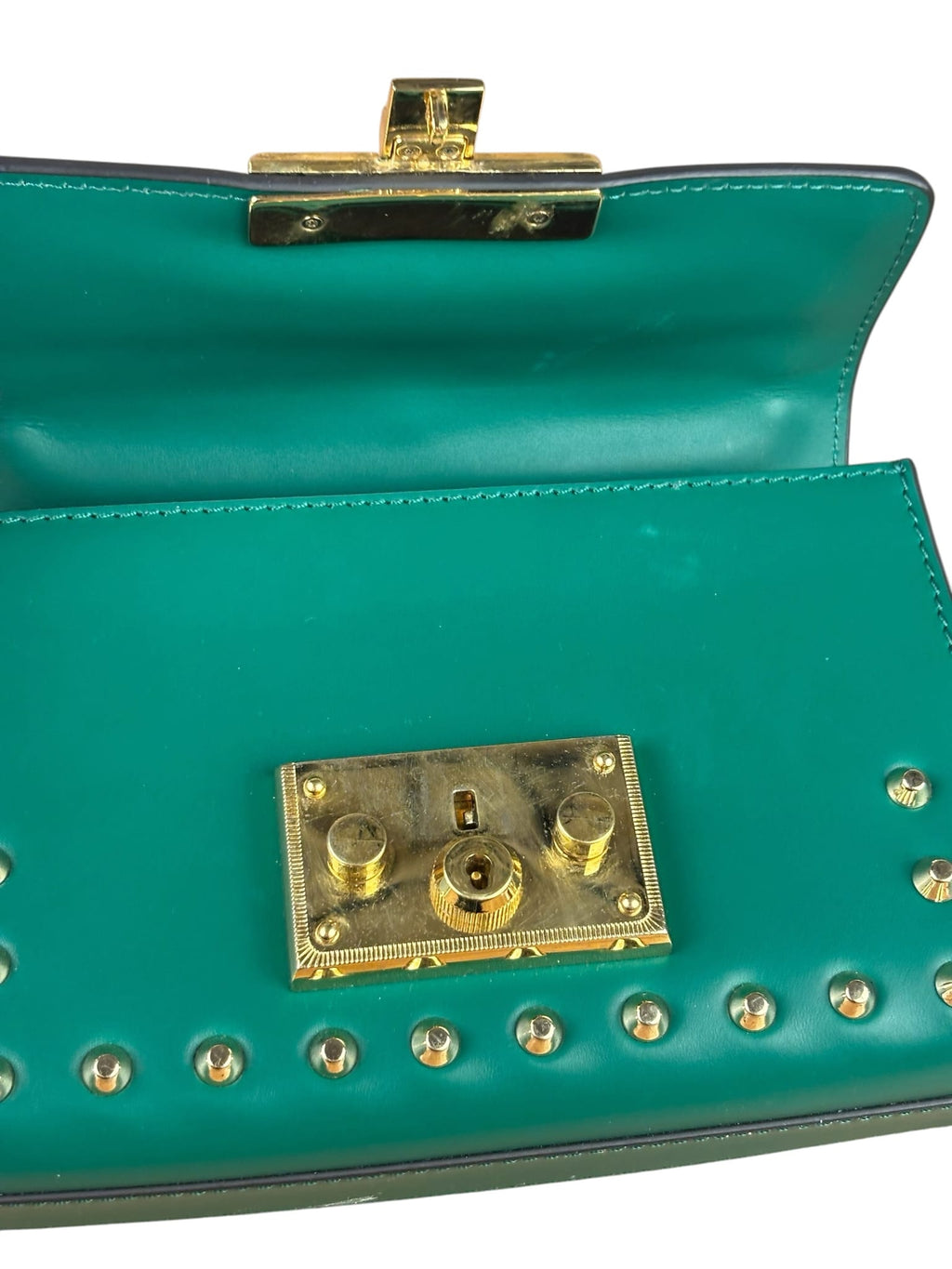 Gucci Green Leather Faux Pearls & Studs Small Padlock Bag