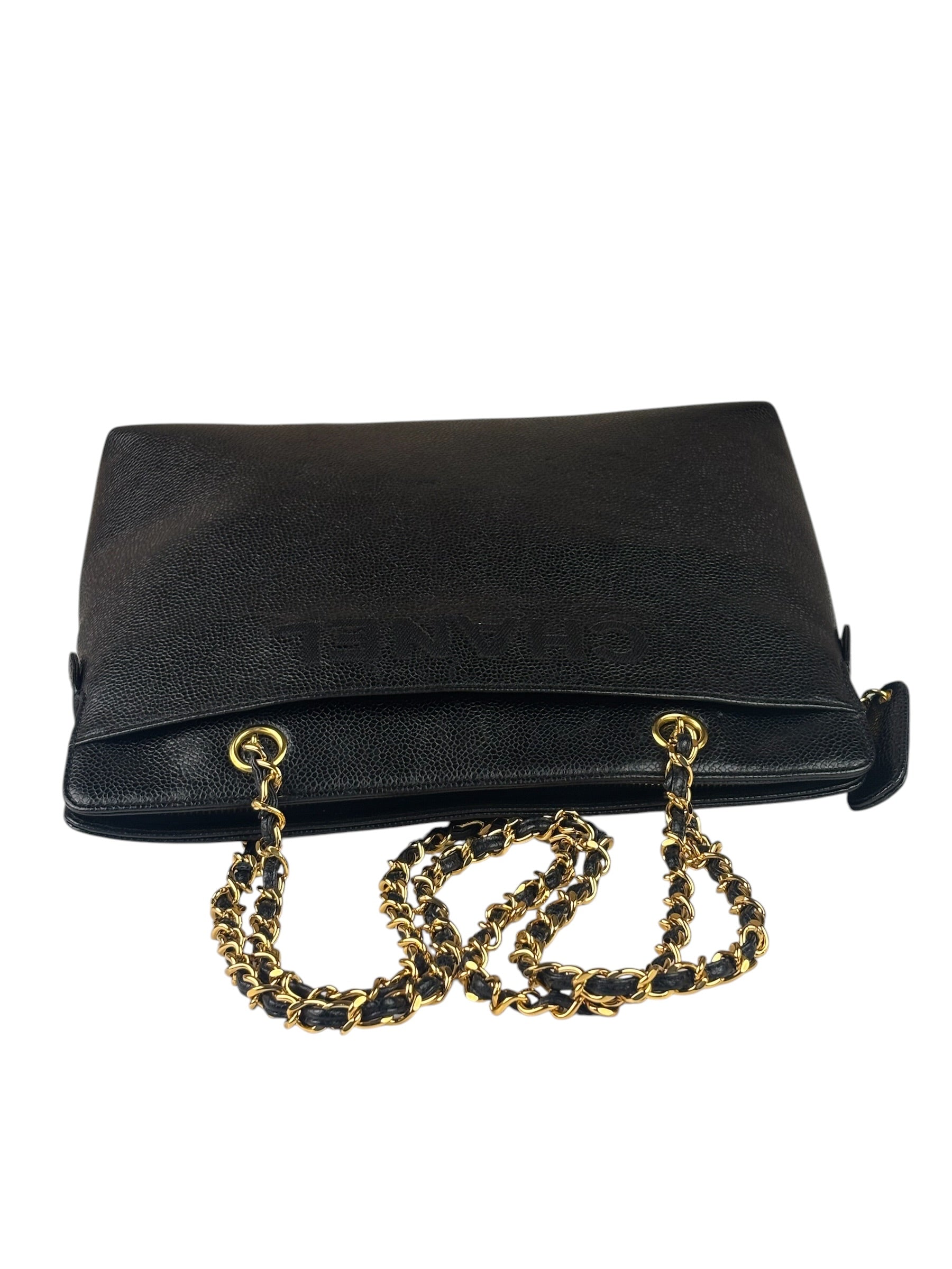 Chanel Vintage Black Caviar Leather Timeless Chain Shoulder Tote 1998