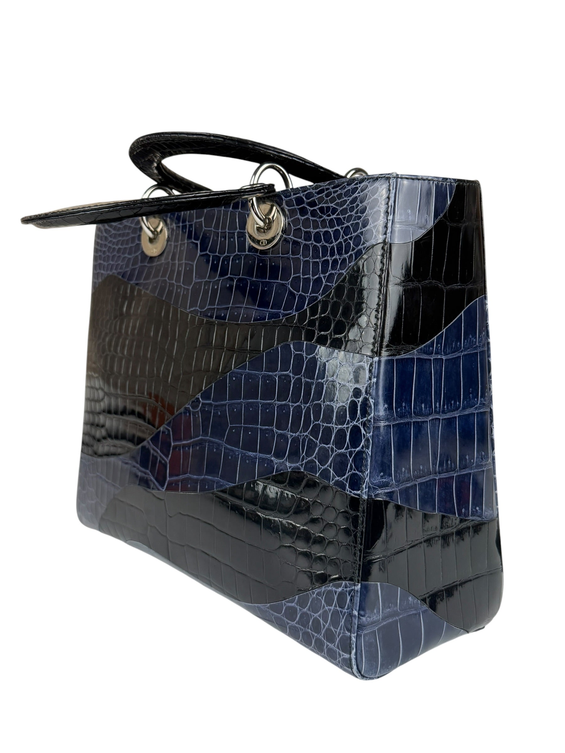 Christian Dior Rare Black/Navy Croc Embossed Lady Dior Handbag