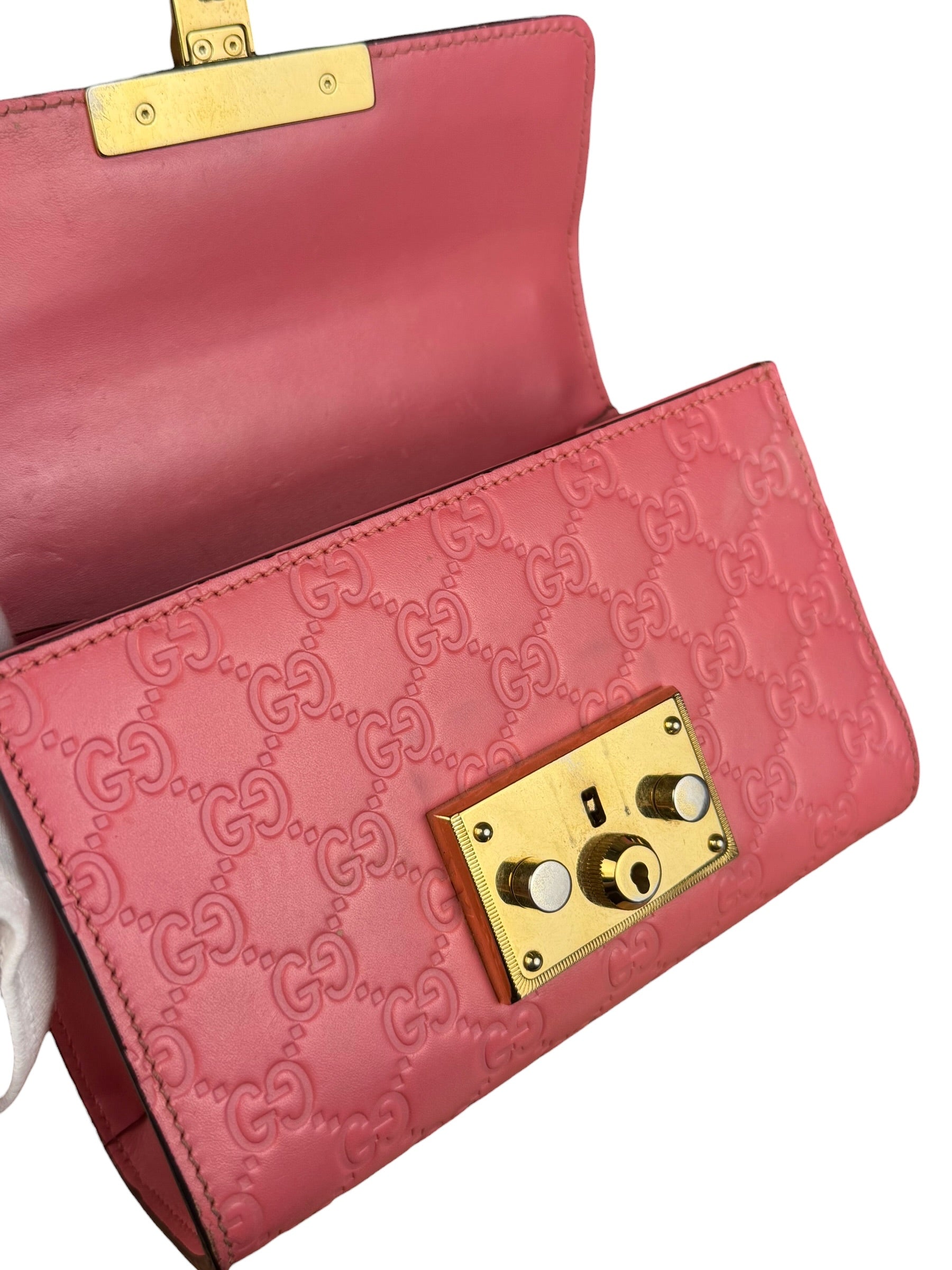 Gucci GG Pink Embossed Leather Small Padlock Chain Bag
