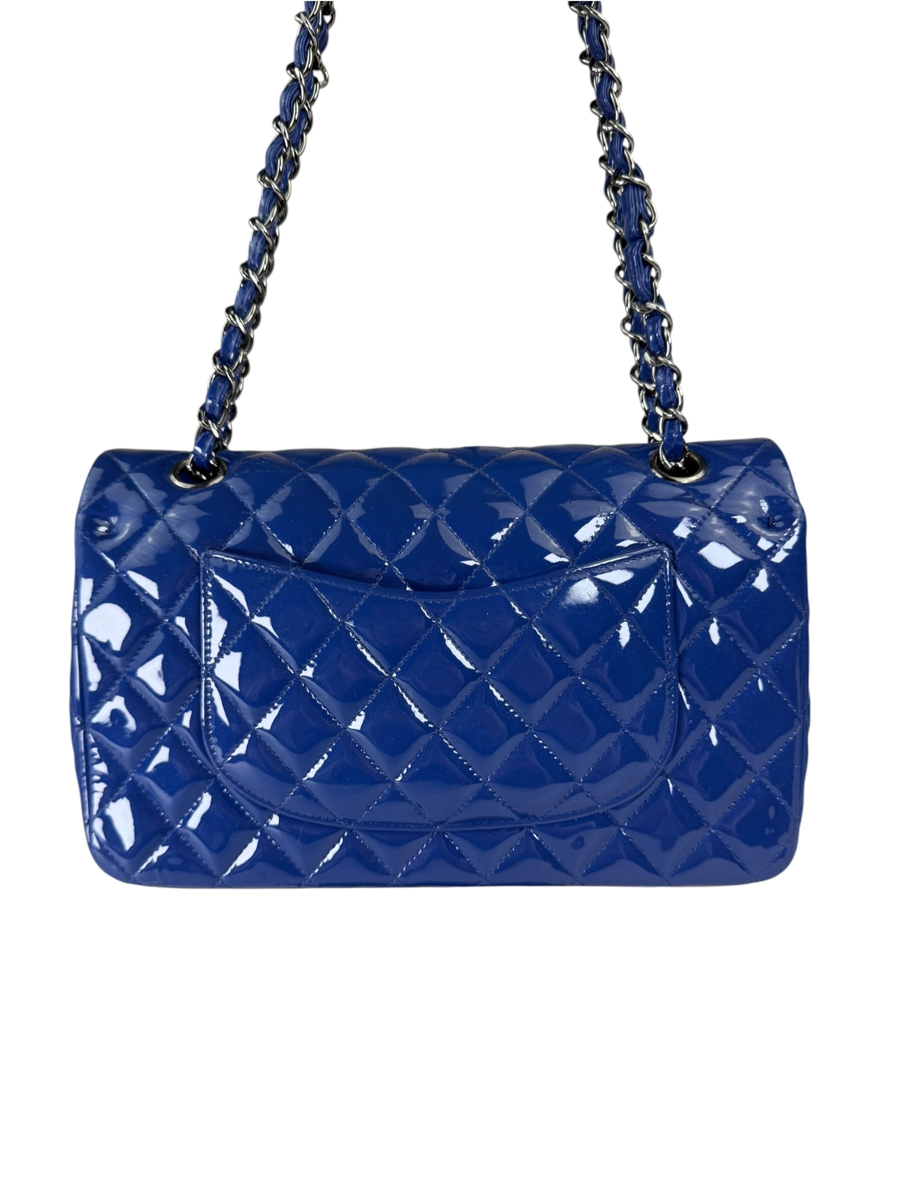 Chanel Shiny Blue Quilted Patent Leather Trim Double Flap Bag 2012