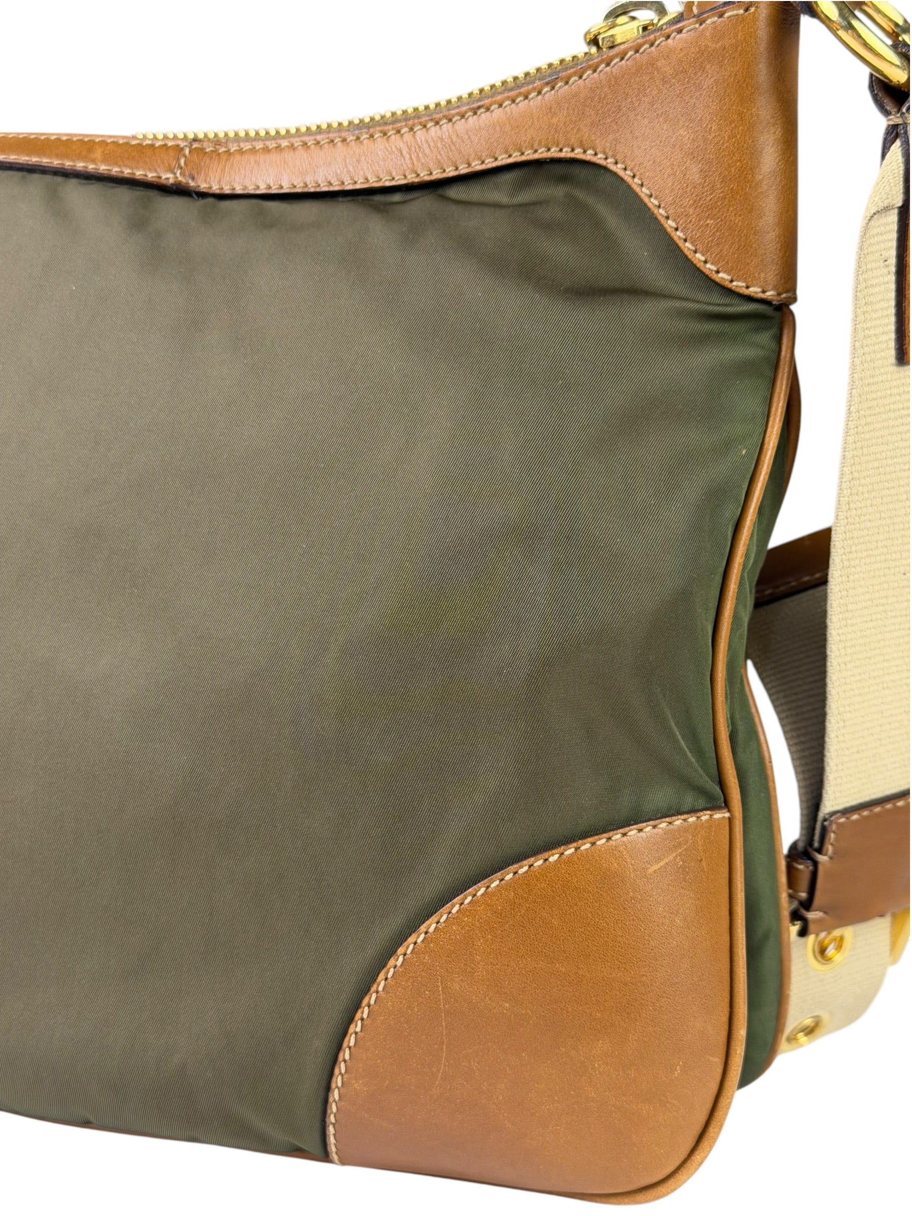 Prada Green/Brown Nylon/Leather Trim Crossbody Bag