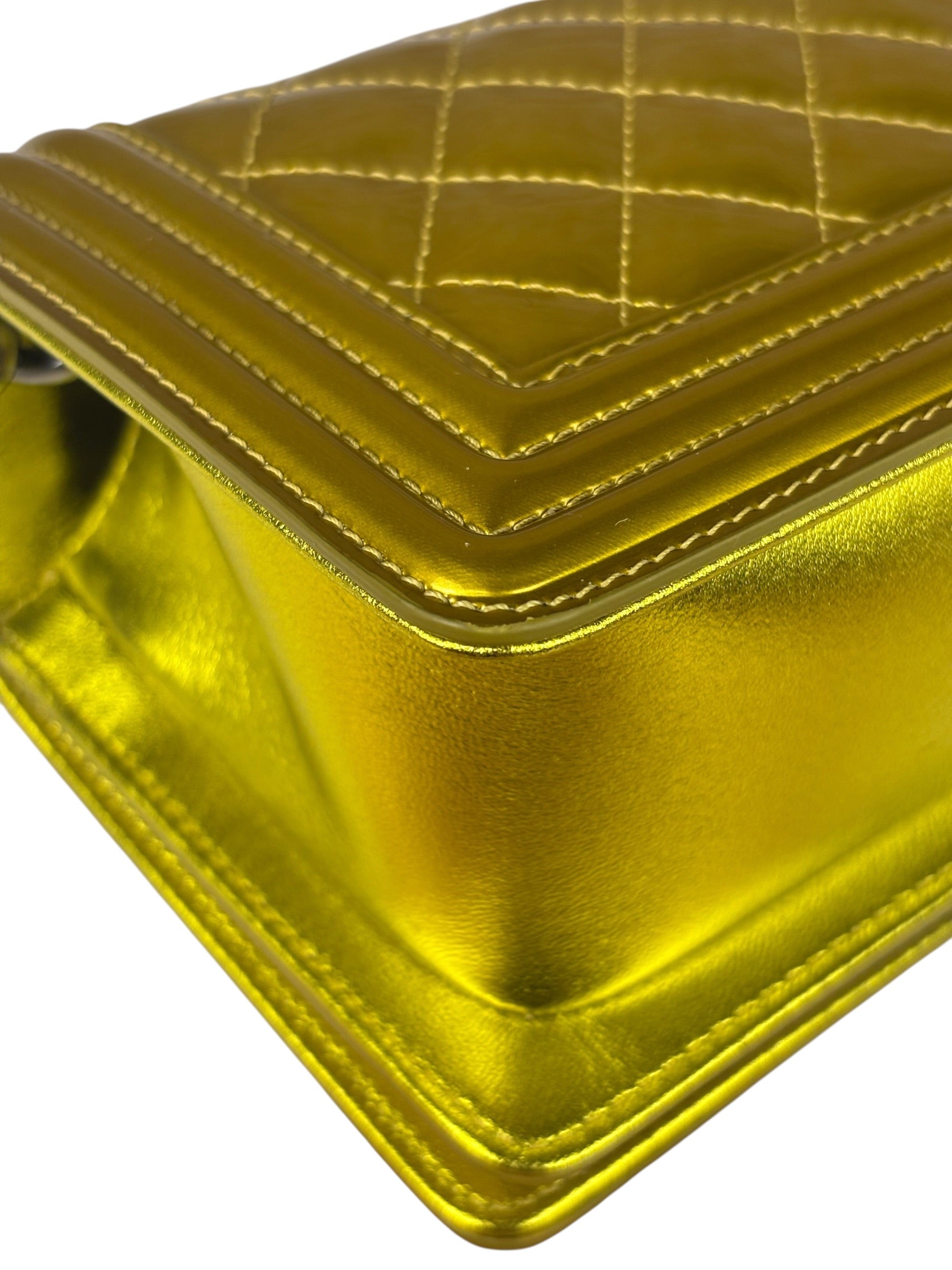 Chanel Metallic Yellow Quilted Patent Leather Mini Boy Flap Bag 2014