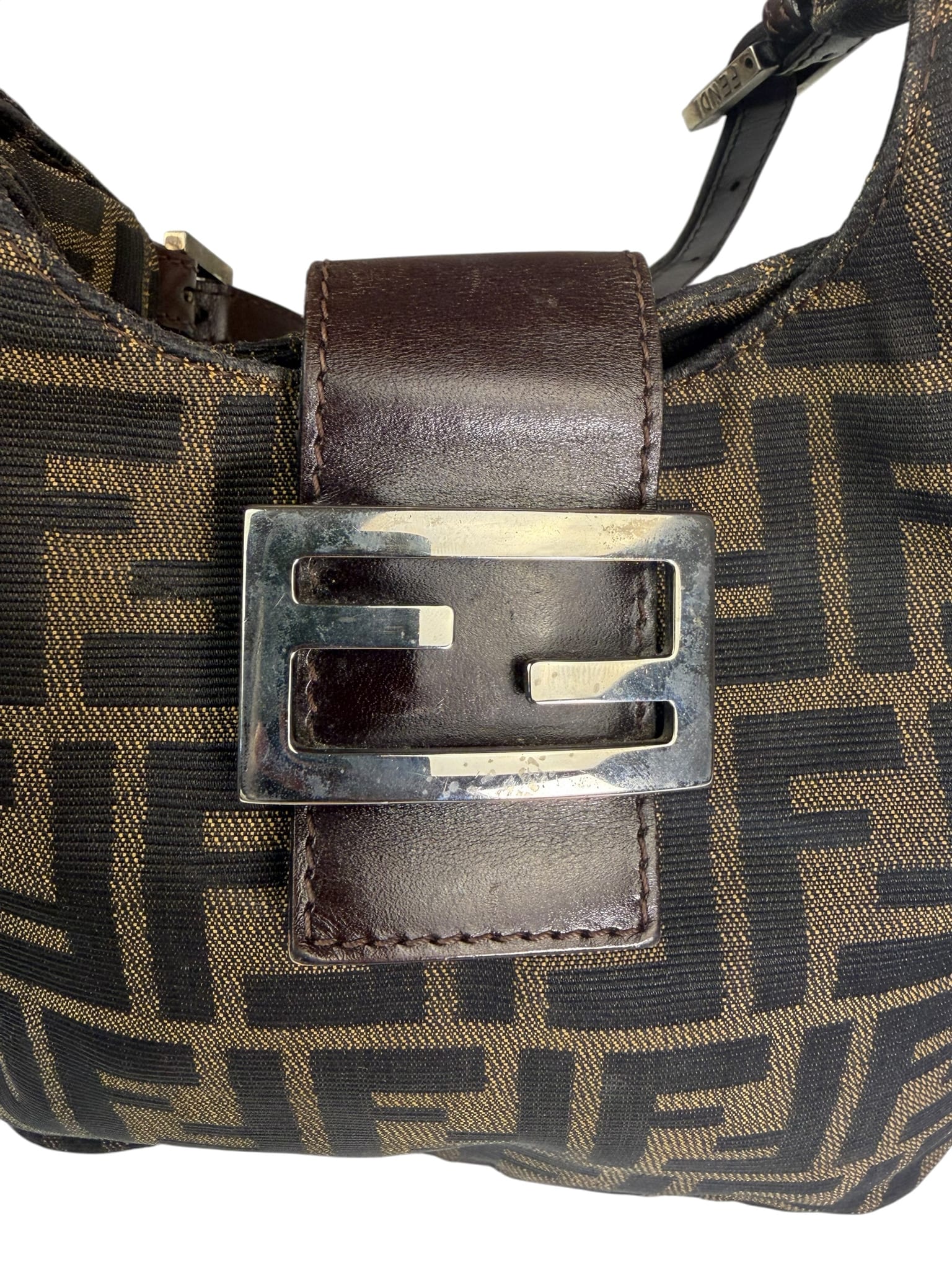 Fendi Brown Leather Trim Zucca Hobo Bag
