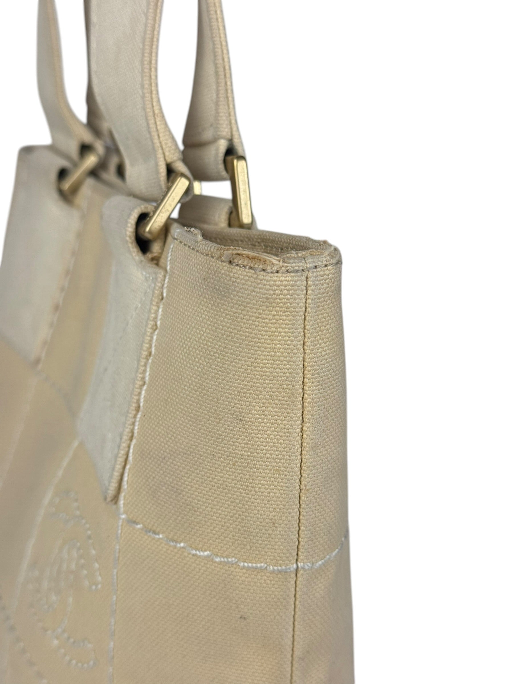 Chanel Vintage Beige Canvas Quilted Chocolate Bar Tote 2003