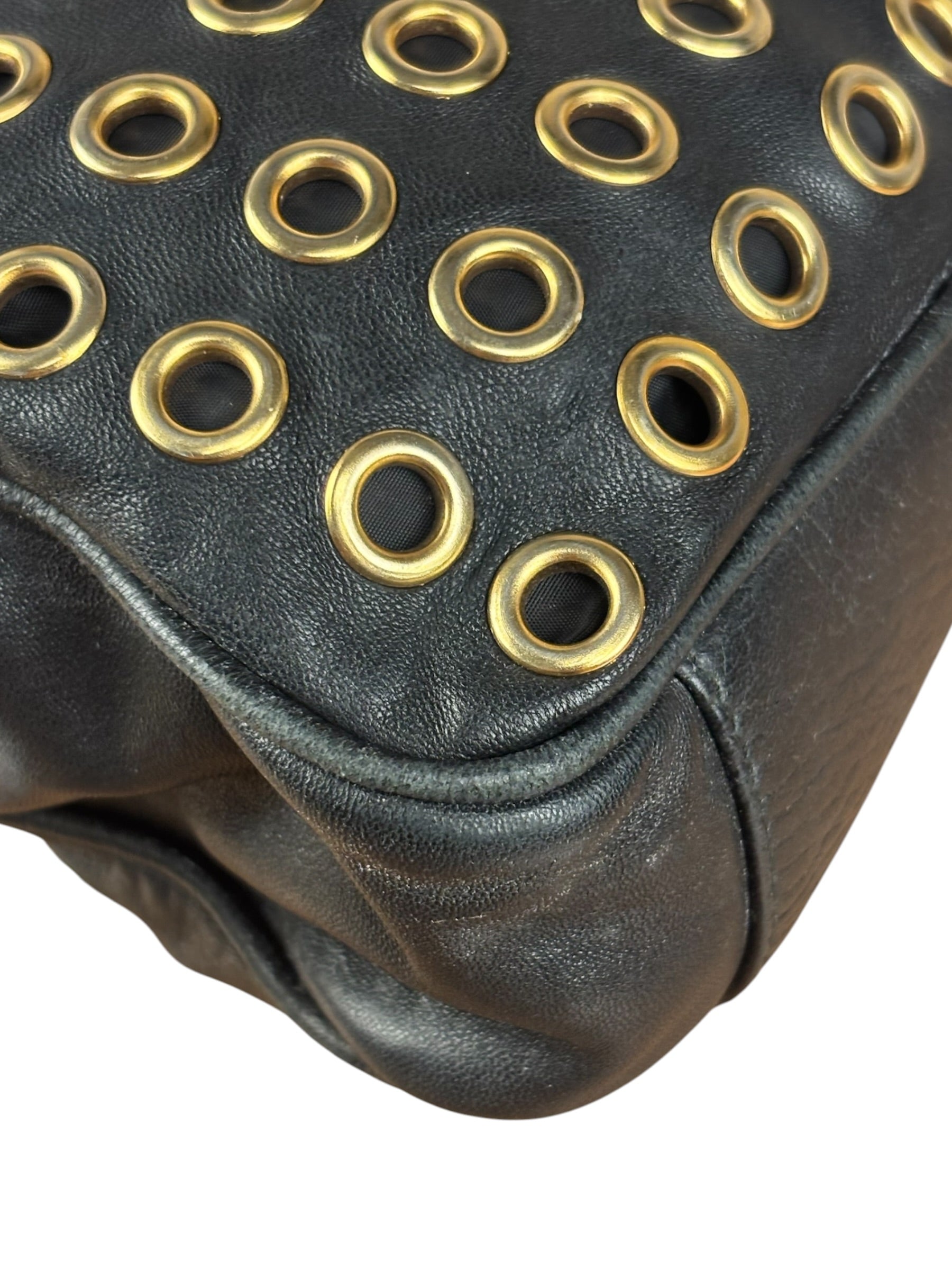 Prada Vintage Black Leather Nappa Metal Grommet Bauletto Handbag