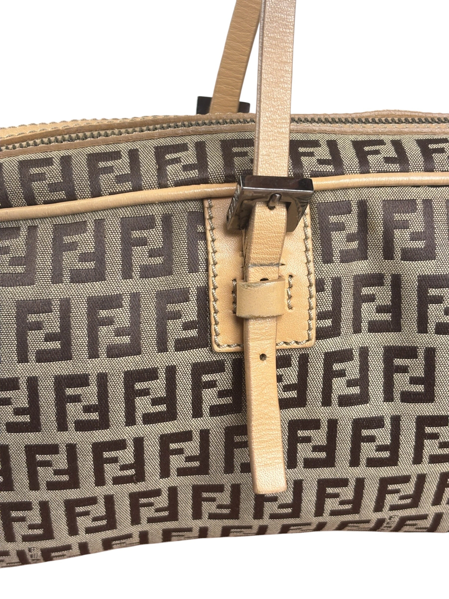 Fendi Beige Leather Trim Zucca Small Boston Bag