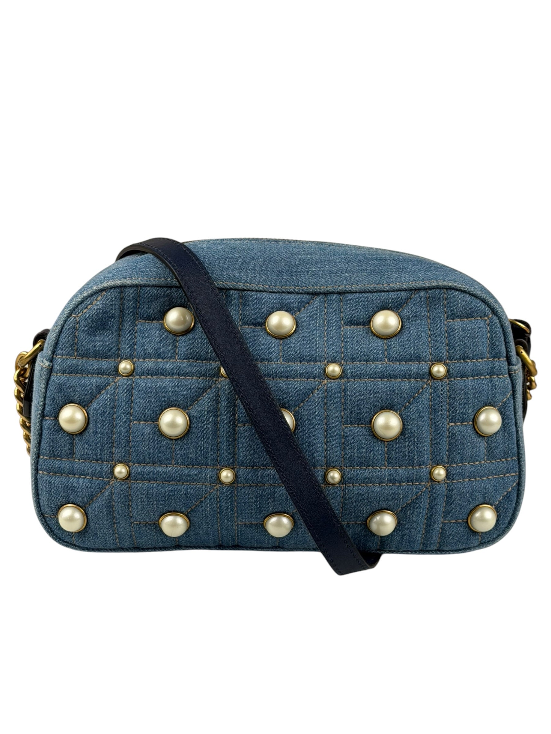 Gucci Blue Denim GG Marmont Pearl Camera Bag
