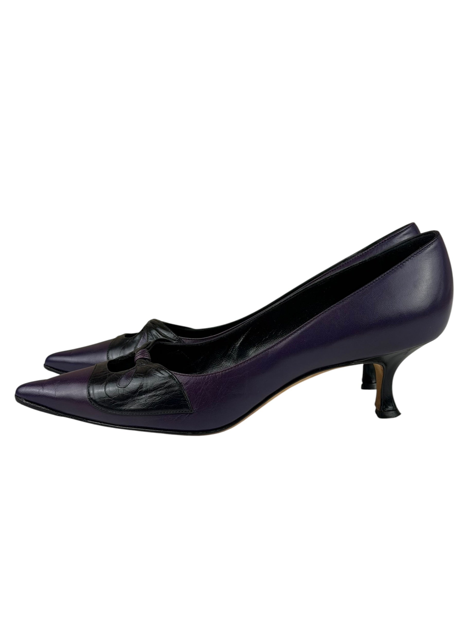 Manolo Blahnik Purple/Black Bow Kitten Heels