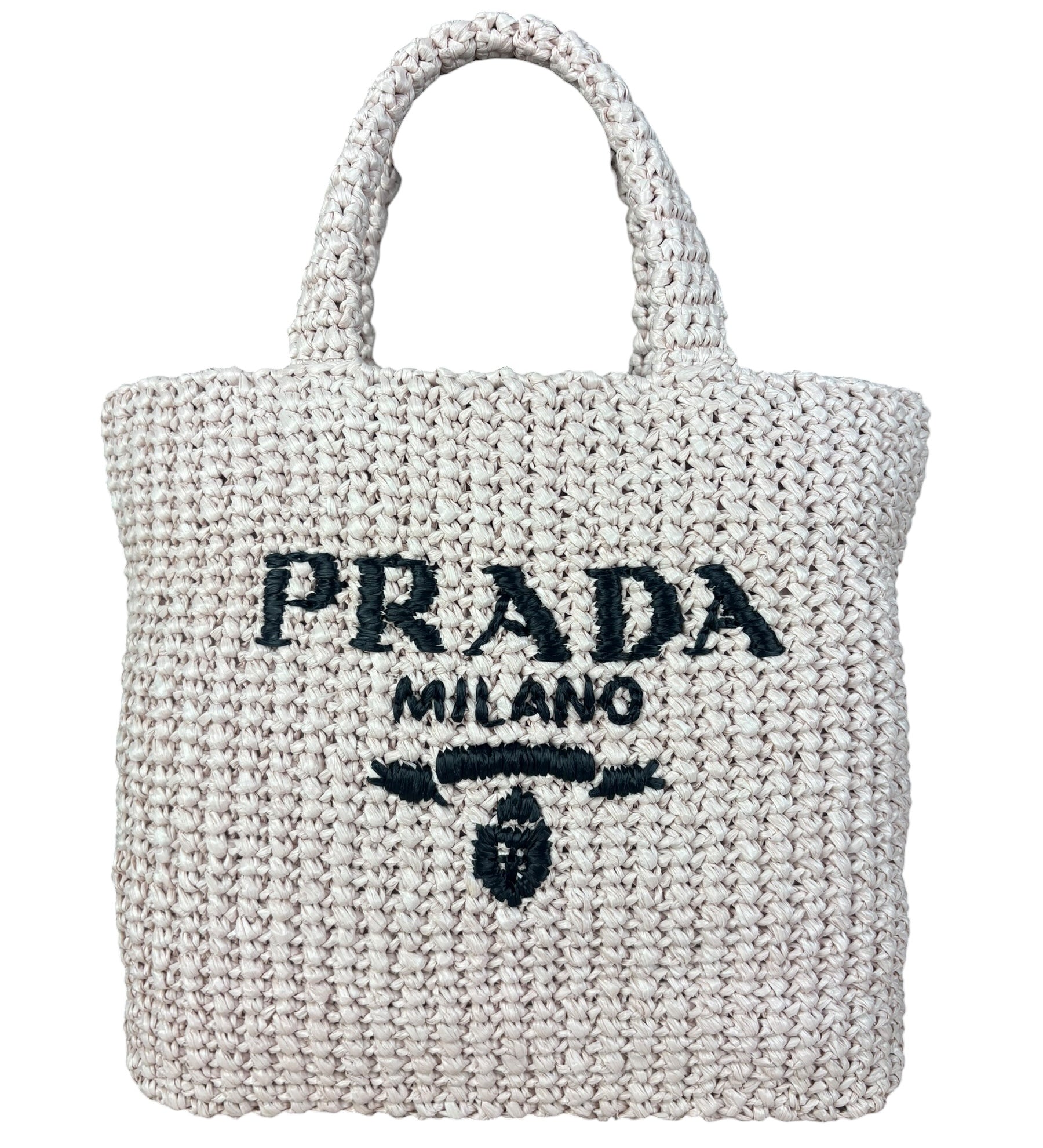 Prada Pink Raffia Woven Crochet Logo Tote Bag