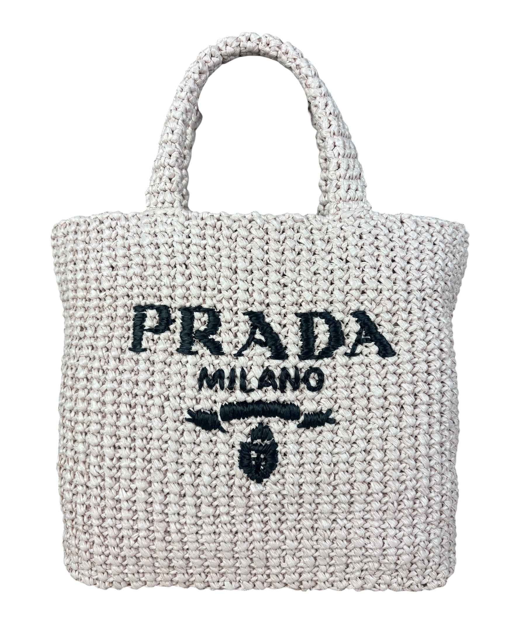 Prada Pink Raffia Woven Crochet Logo Tote Bag