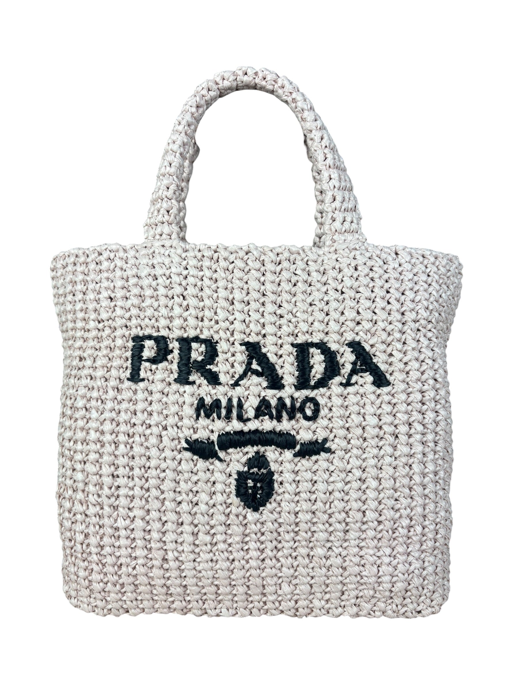 Prada Pink Raffia Woven Crochet Logo Tote Bag