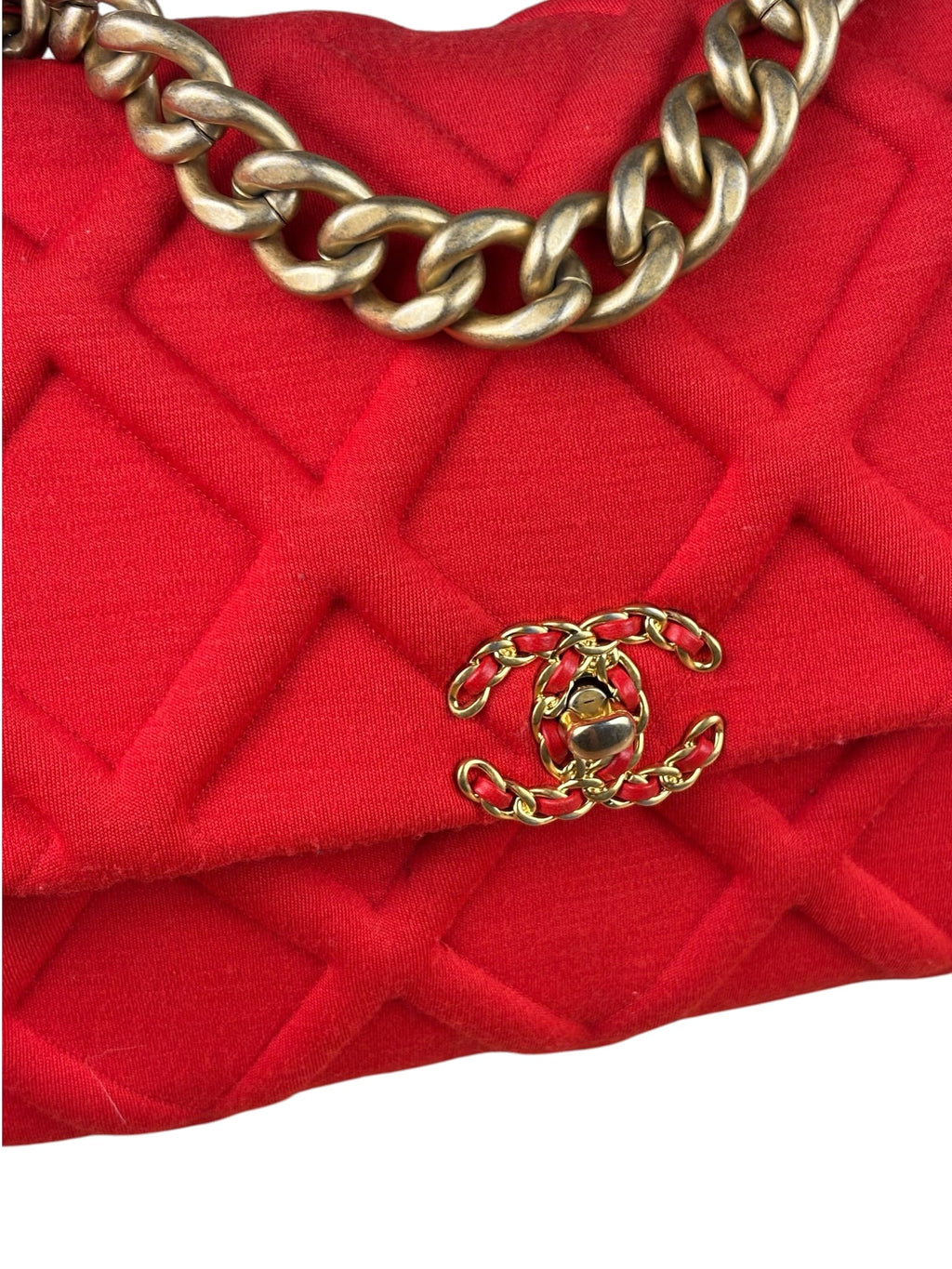 Chanel Red Quilted Leather Trim Jersey 19 Flap Bag 2019
