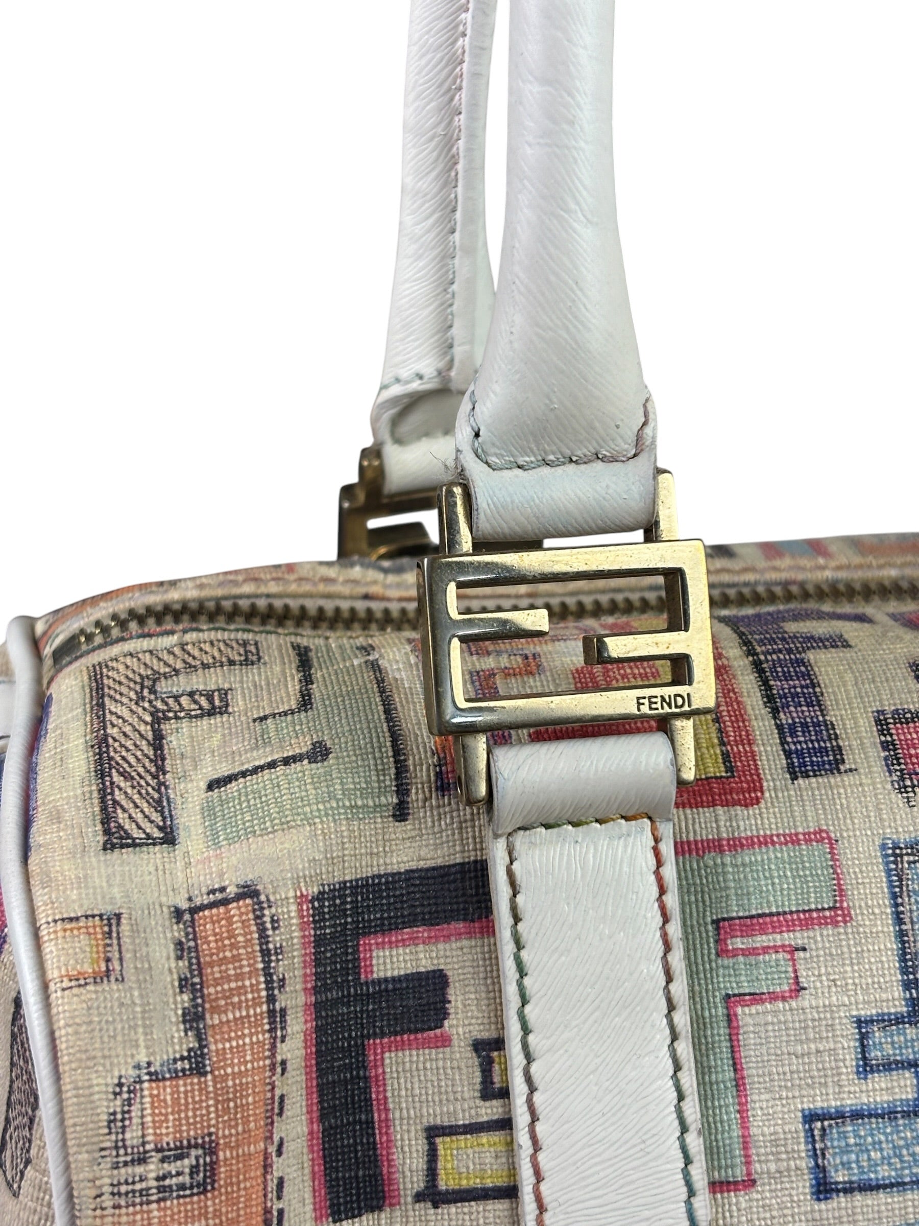 Fendi Beige Leather Multicolor Zucca Forever Boston Bag